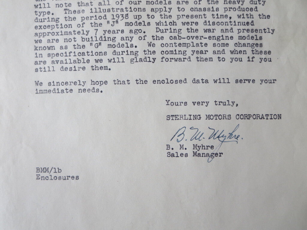 1946 Sterling Motor Truck Corporation Letter Letterhead Document 