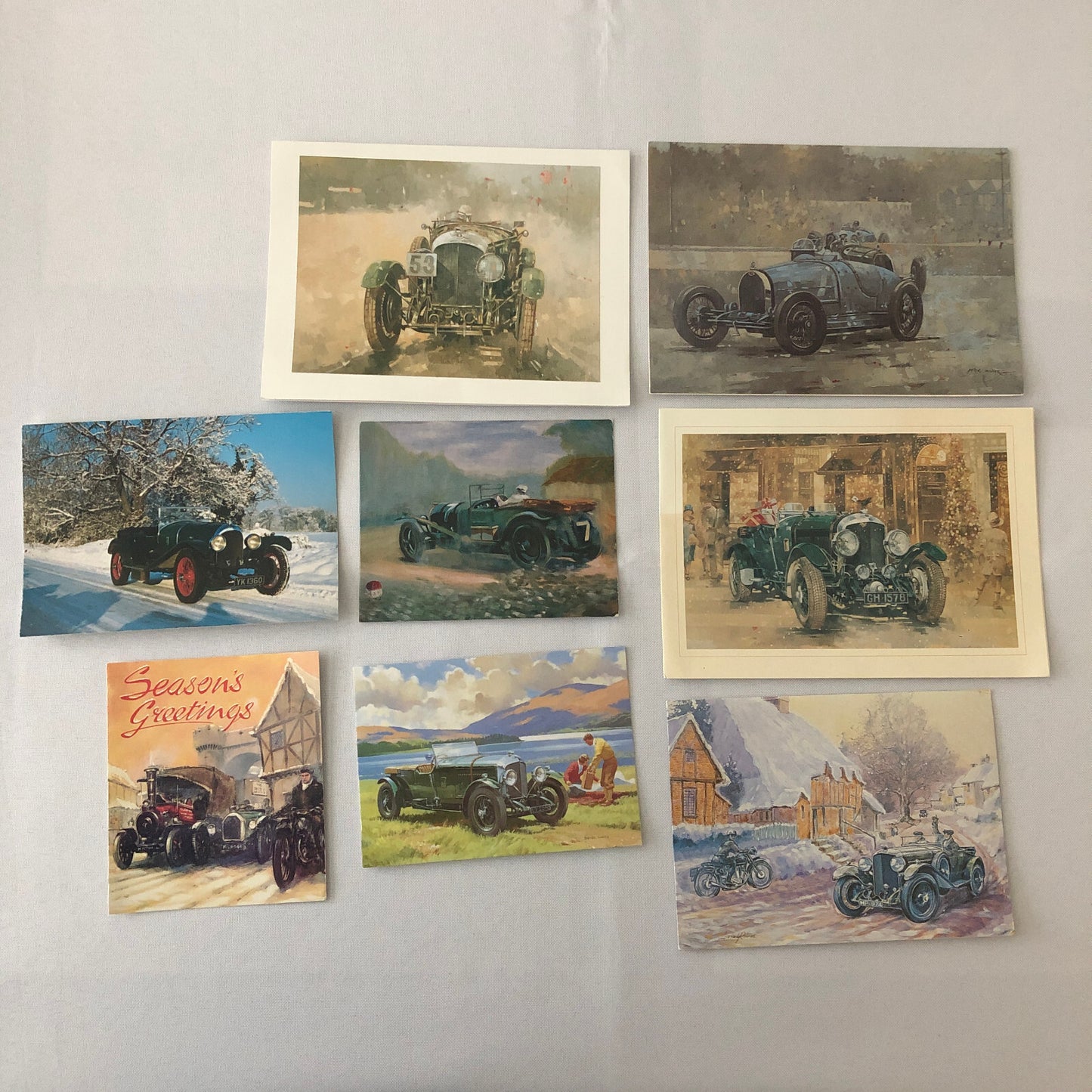 Vintage Car Automobile Art Greeting Card Lot of 8 Bentley + UK Christmas