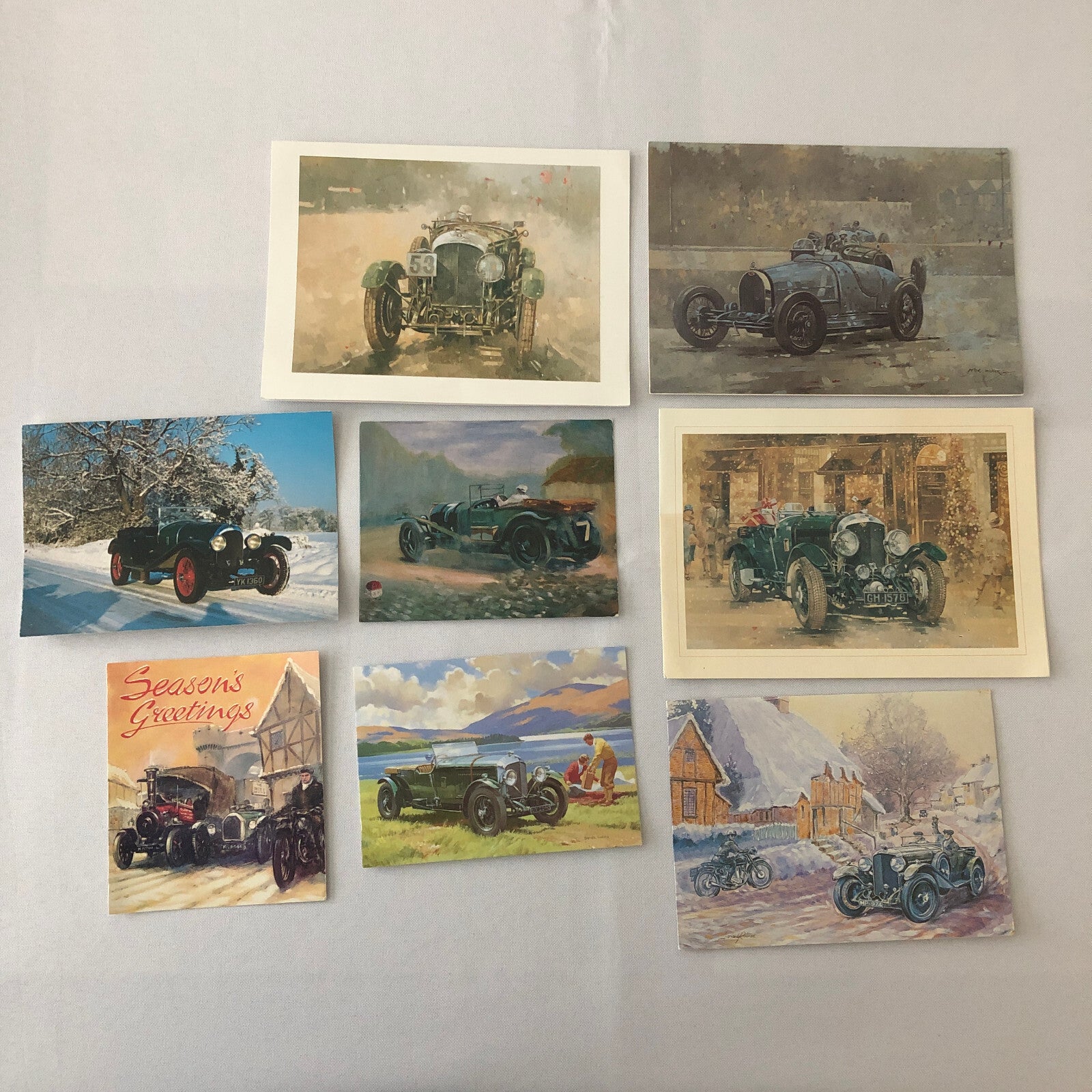 Vintage Car Automobile Art Greeting Card Lot of 8 Bentley + UK Christmas