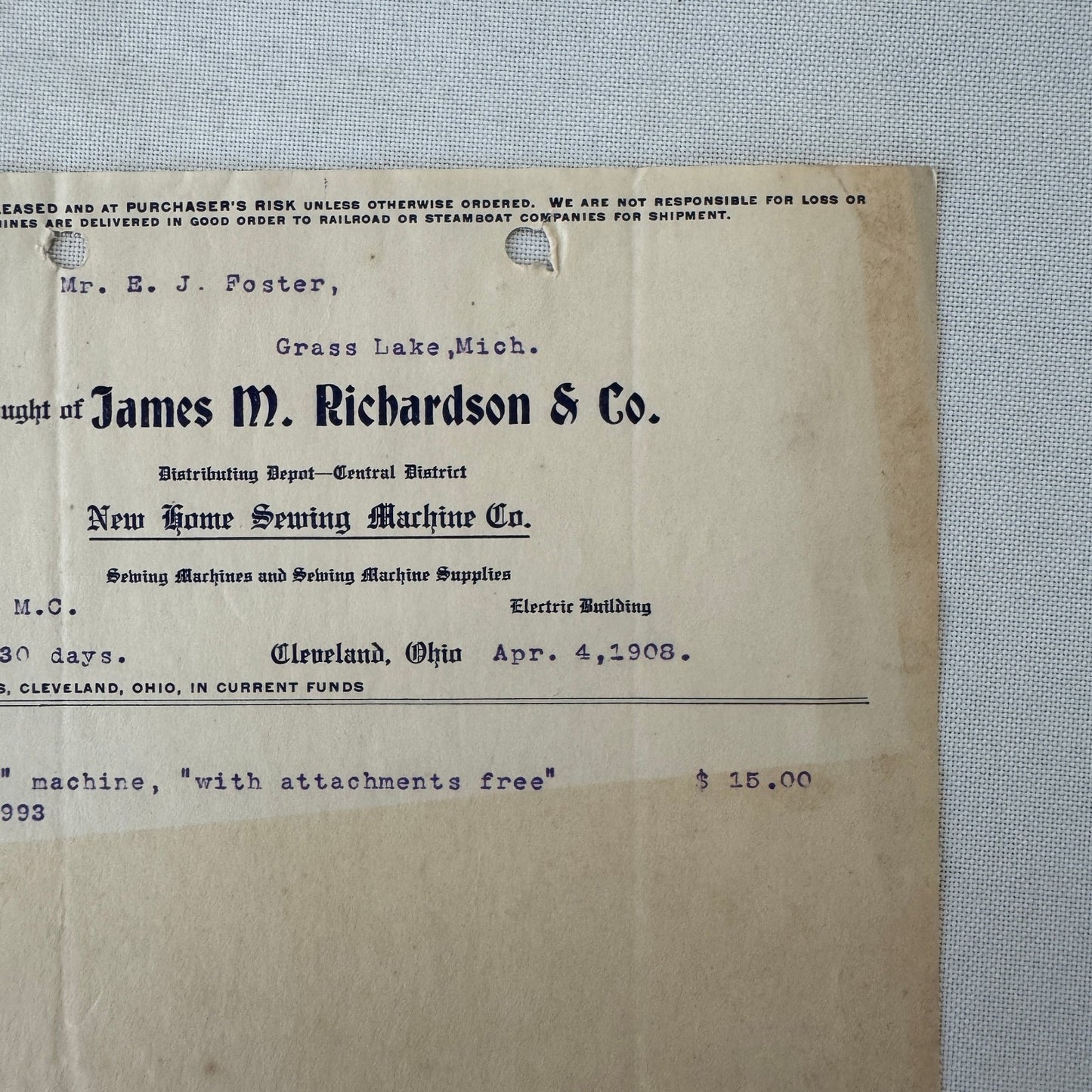 James M Richardson Company Receipt Invoice Document 1908 Sewing Machine Ohio