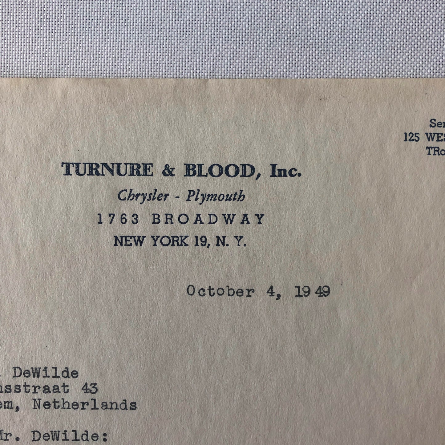 1949 Chrysler & Plymouth Dealership Letter Letterhead Turnure & Blood New York