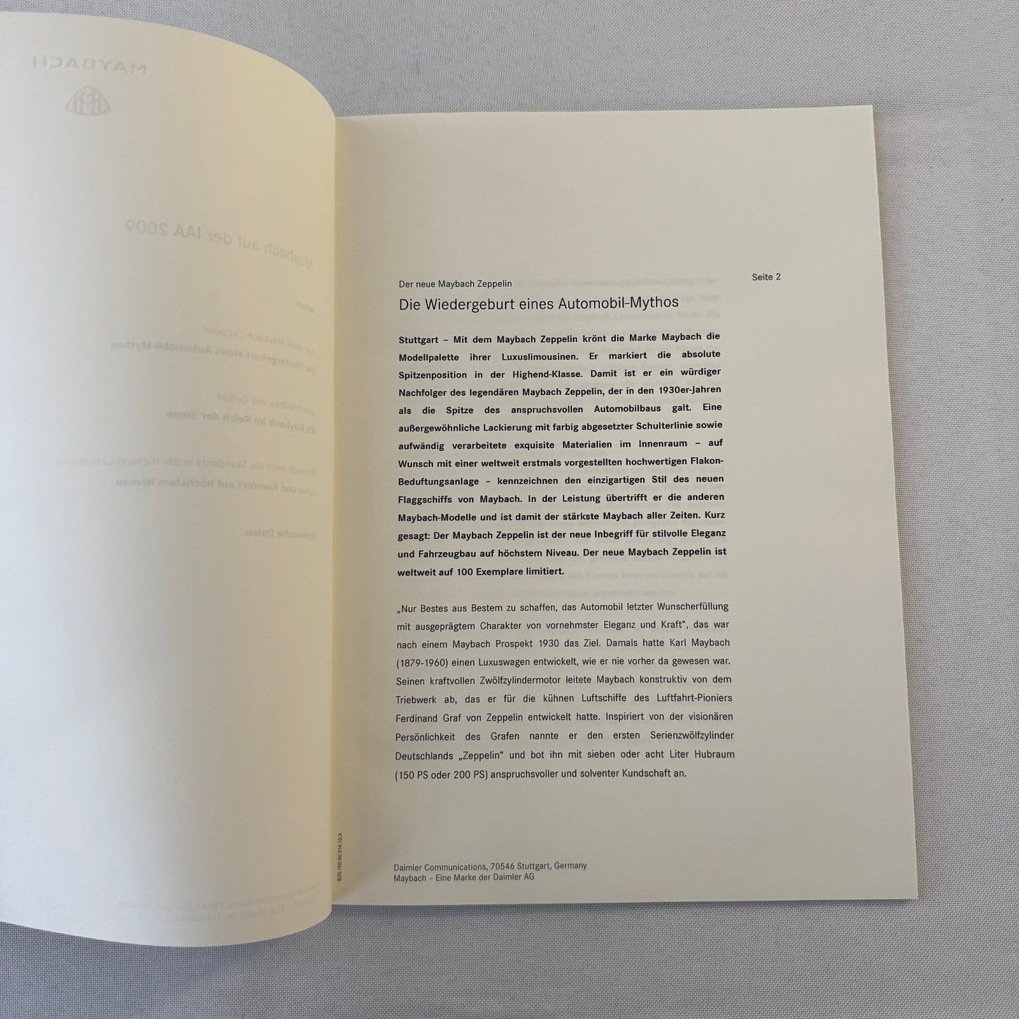 2009 Maybach 62 Zeppelin Car Press Kit Photo Brochure GERMAN