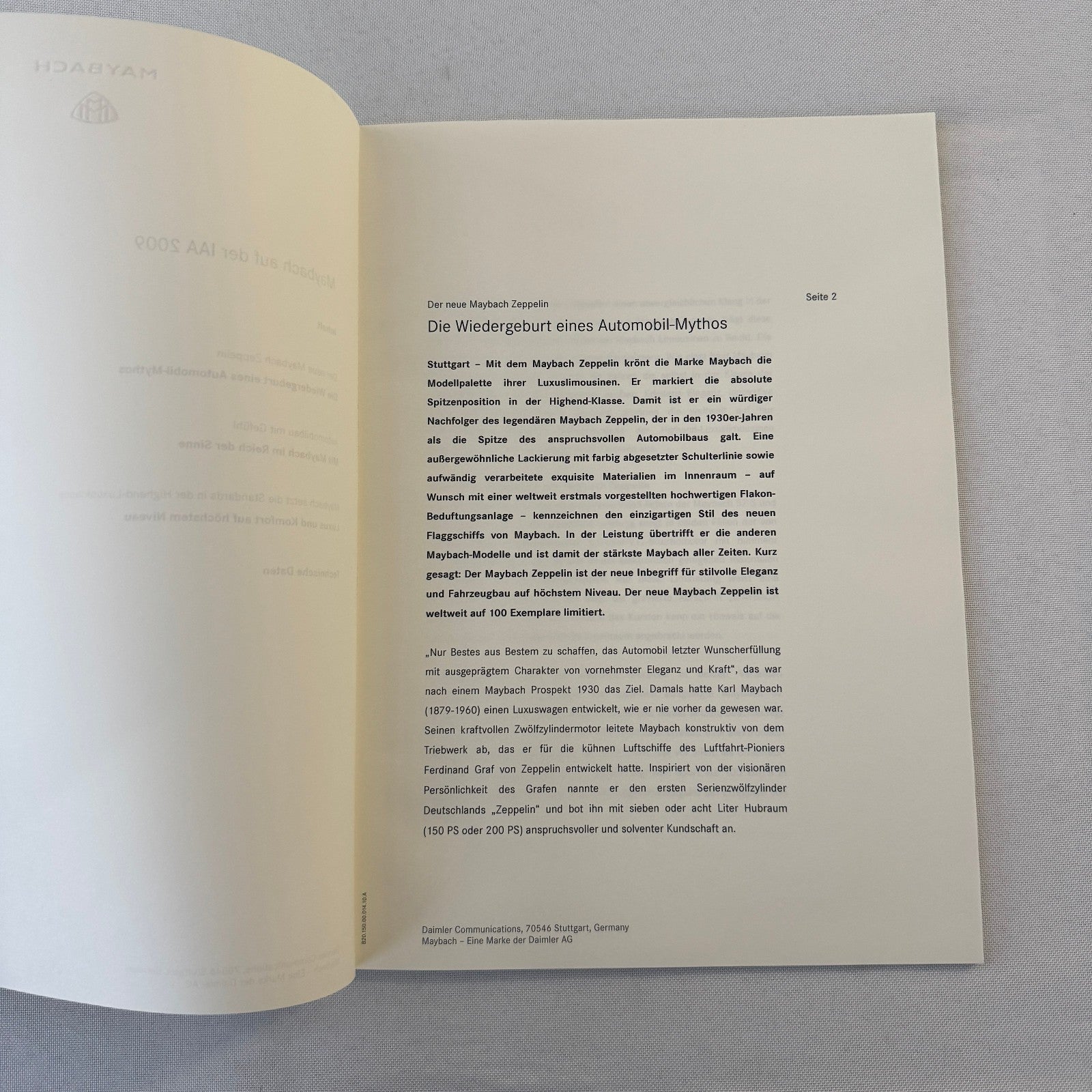 2009 Maybach 62 Zeppelin Car Press Kit Photo Brochure GERMAN