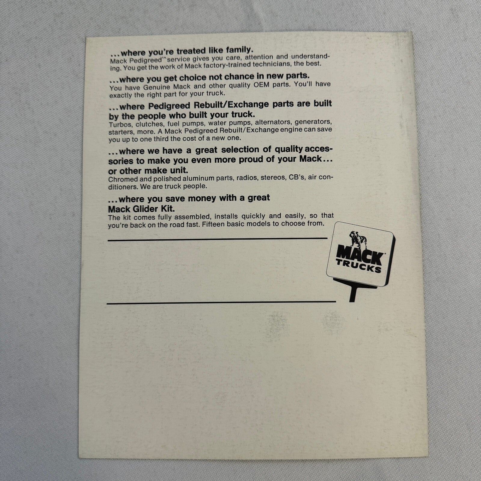 Mack Truck Advertising Brochure Card Flyer Glider Kit