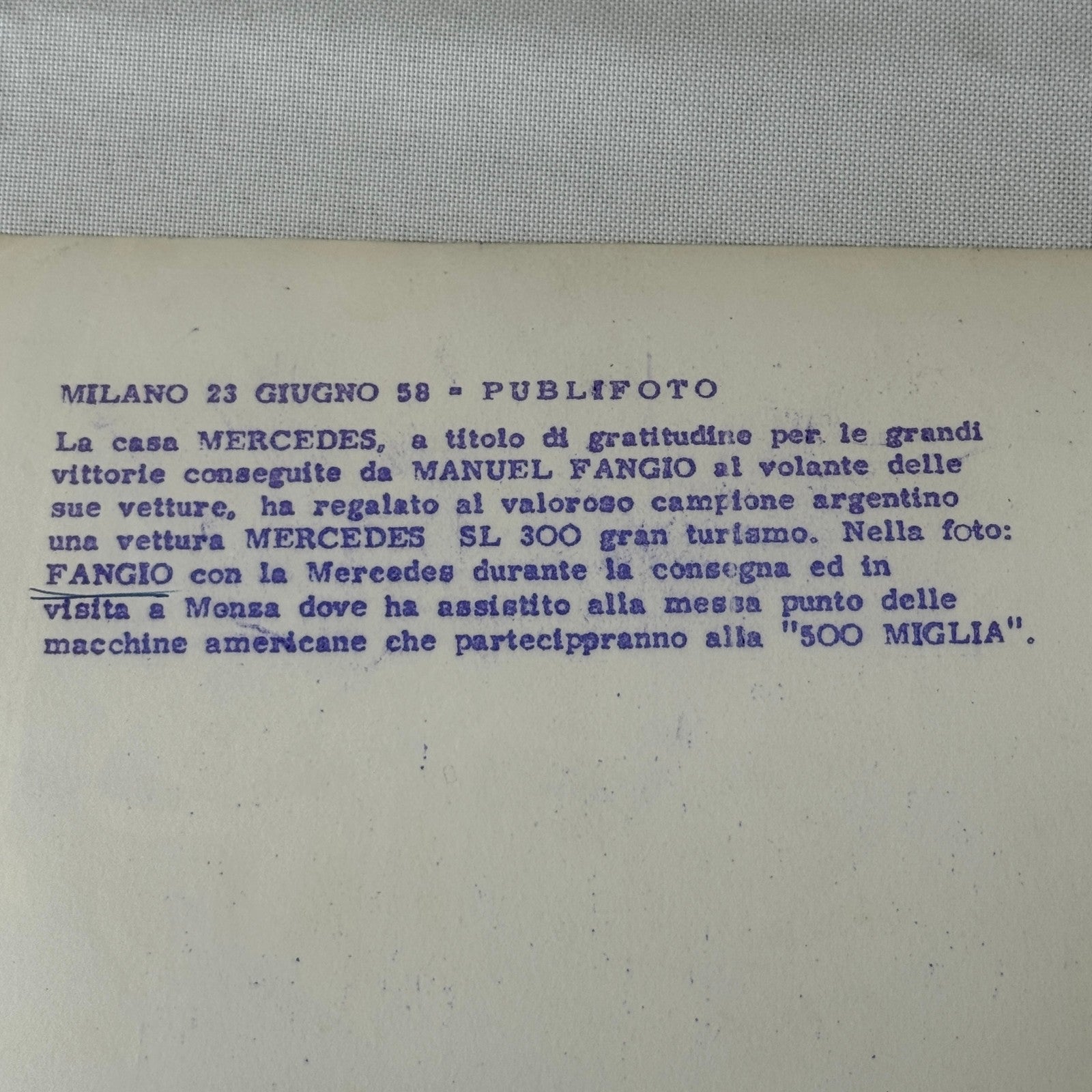 Juan Manuel Fangio Mercedes 300 SL Roadster Italian Press Photo Photograph 1958