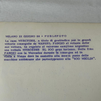 Juan Manuel Fangio Mercedes 300 SL Roadster Italian Press Photo Photograph 1958