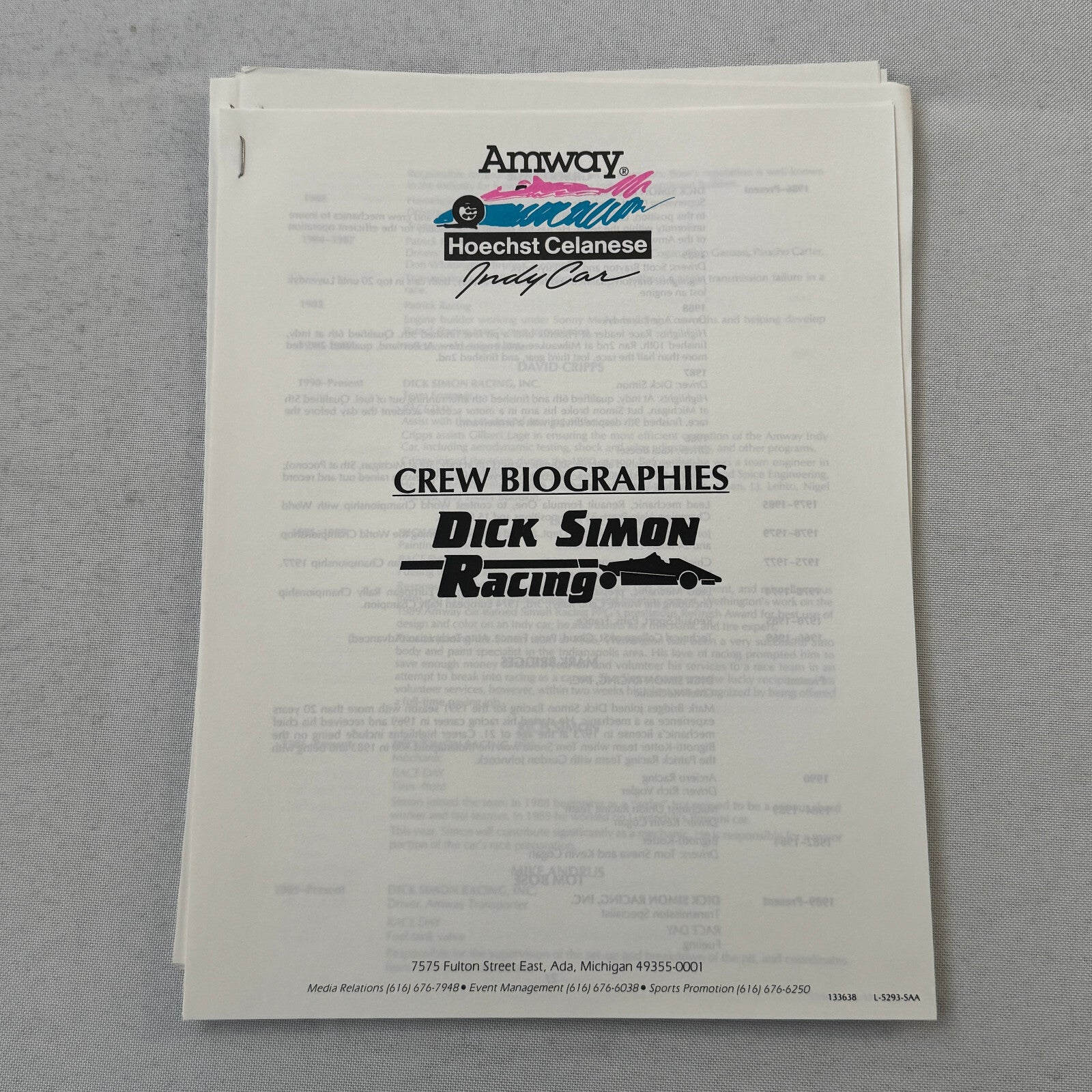 1991 Amway Indy Car Racing Press Kit Brochure Vintage Scott Brayton Driver