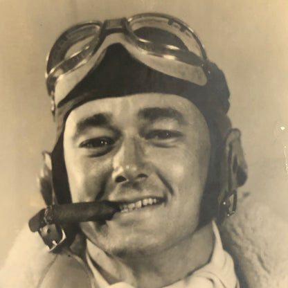 Vintage Pilot Photo Photograph Print Man with Cigar Goggles Military ?