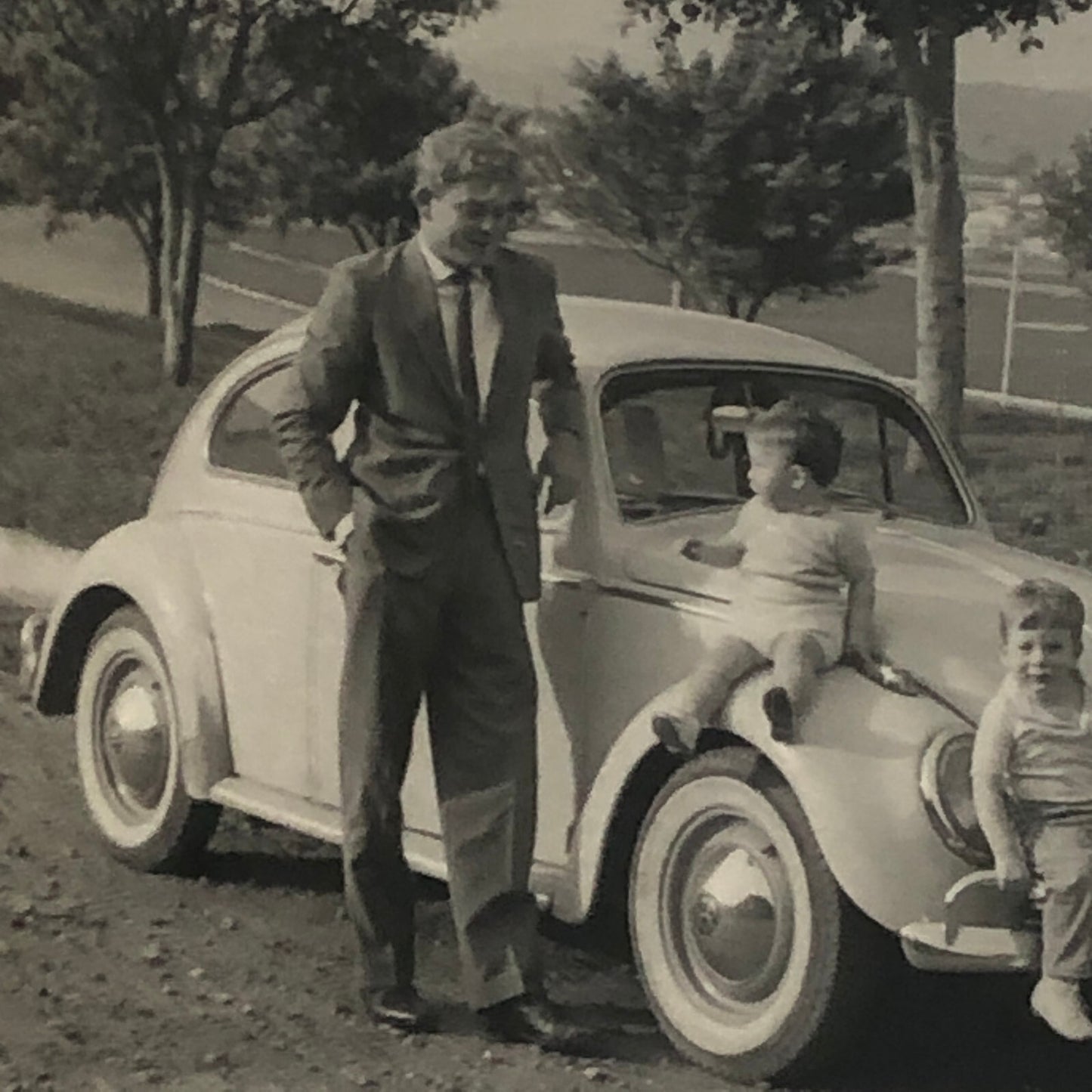 Vintage Photo Photograph Snapshot Man Children with VW Volkswagen Beetle Bug Car
