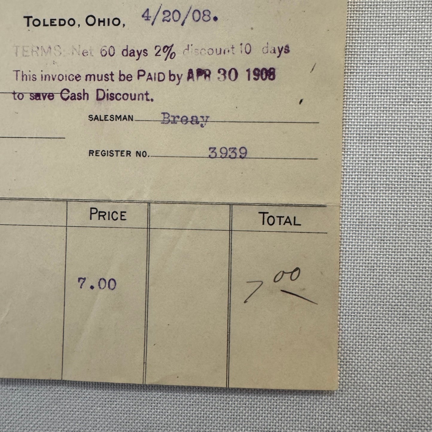 Bostwick Braun Company Document 1908 Antique Invoice Receipt Ephemera Toledo OH