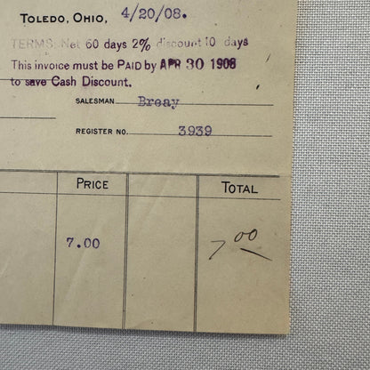 Bostwick Braun Company Document 1908 Antique Invoice Receipt Ephemera Toledo OH