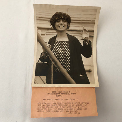 Press Photo Photograph Film Star Ann Forest Lawsuit over Stolen Jewels 1923