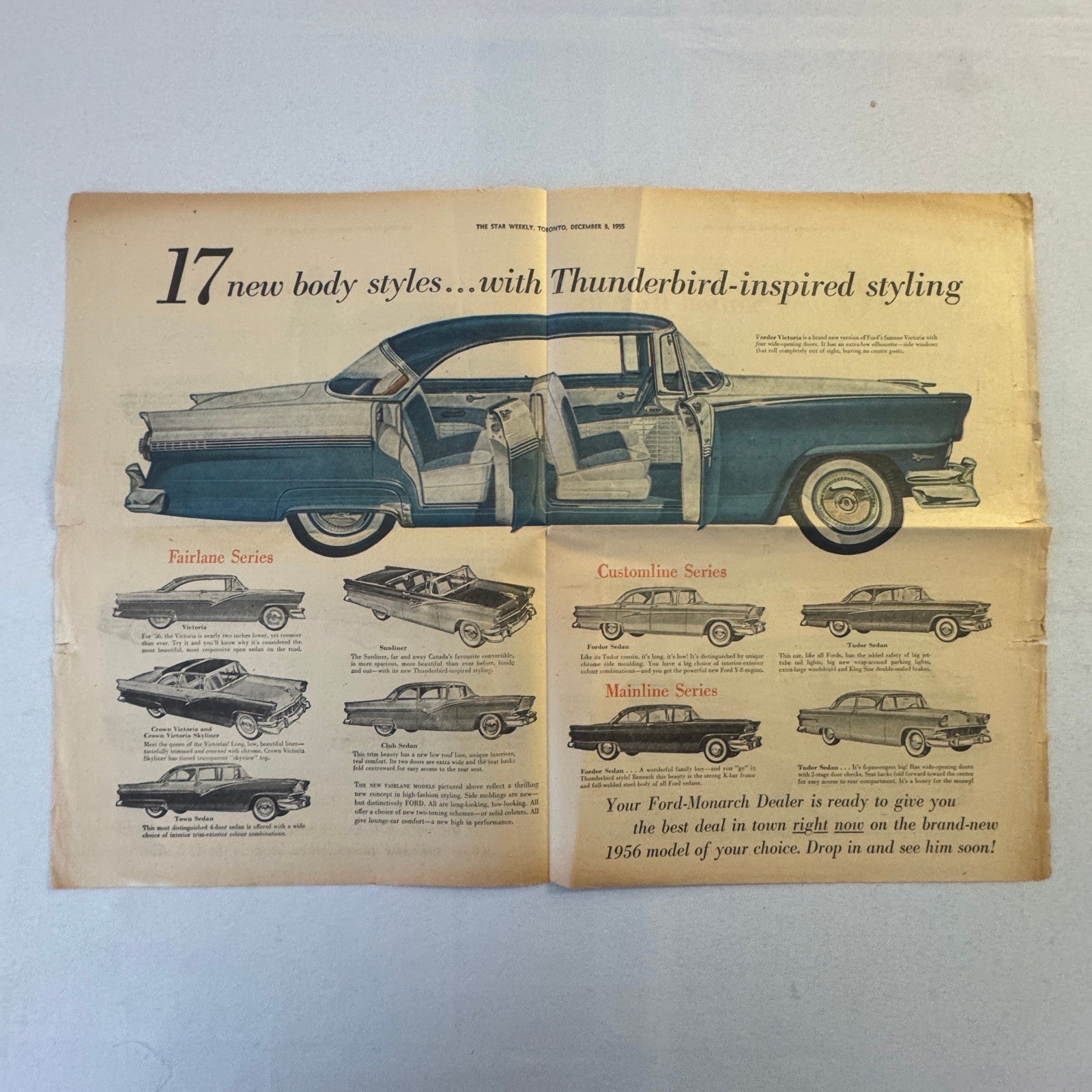 1956 Ford Car Sales Brochure Newspaper Crown Victoria Thunderbird Tudor Wagon +