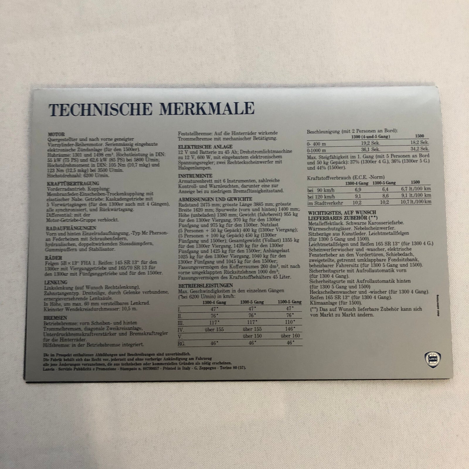 Lancia 1300 and 1500 Car Sales Brochure Catalog German Text