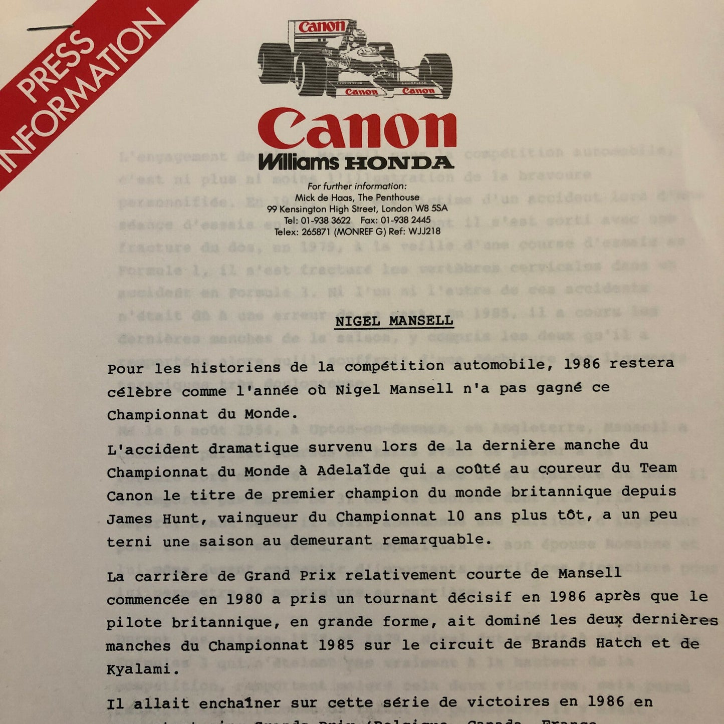 1987 Honda Williams F1 Racing Press Release Lot Nelson Piquet Mansell FRENCH