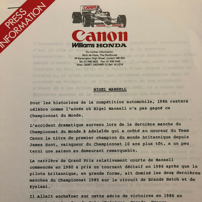 1987 Honda Williams F1 Racing Press Release Lot Nelson Piquet Mansell FRENCH