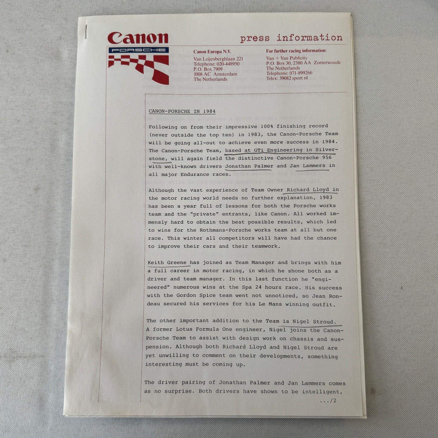 1984 Canon Porsche Racing Press Kit Photos Jan Lammers Jonathan Palmer