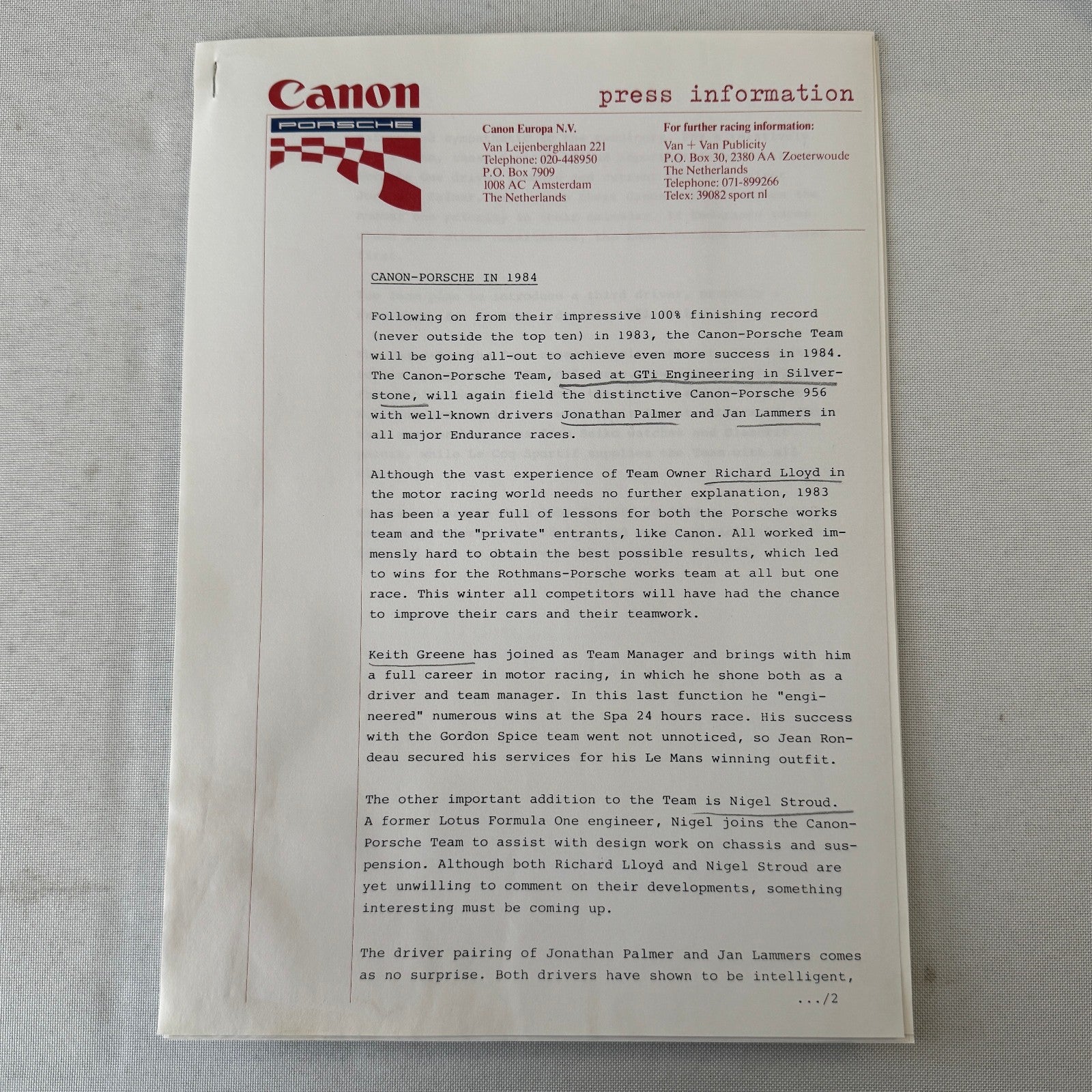 1984 Canon Porsche Racing Press Kit Photos Jan Lammers Jonathan Palmer