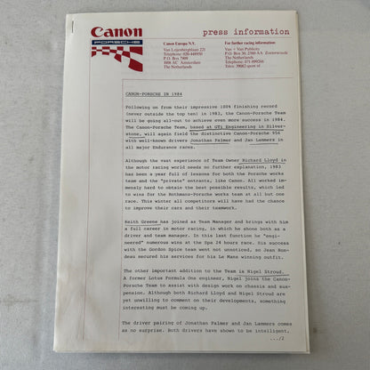 1984 Canon Porsche Racing Press Kit Photos Jan Lammers Jonathan Palmer