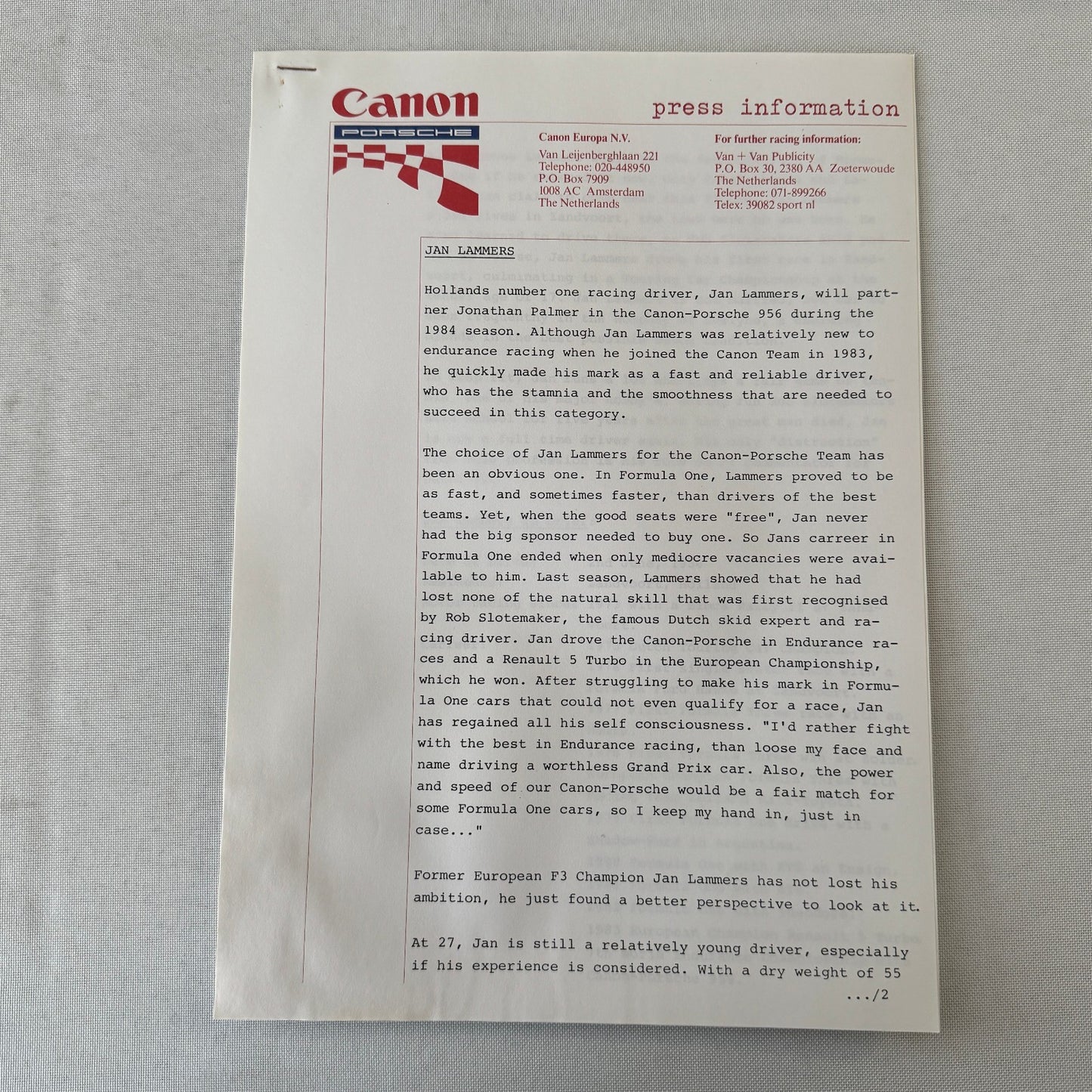 1984 Canon Porsche Racing Press Kit Photos Jan Lammers Jonathan Palmer