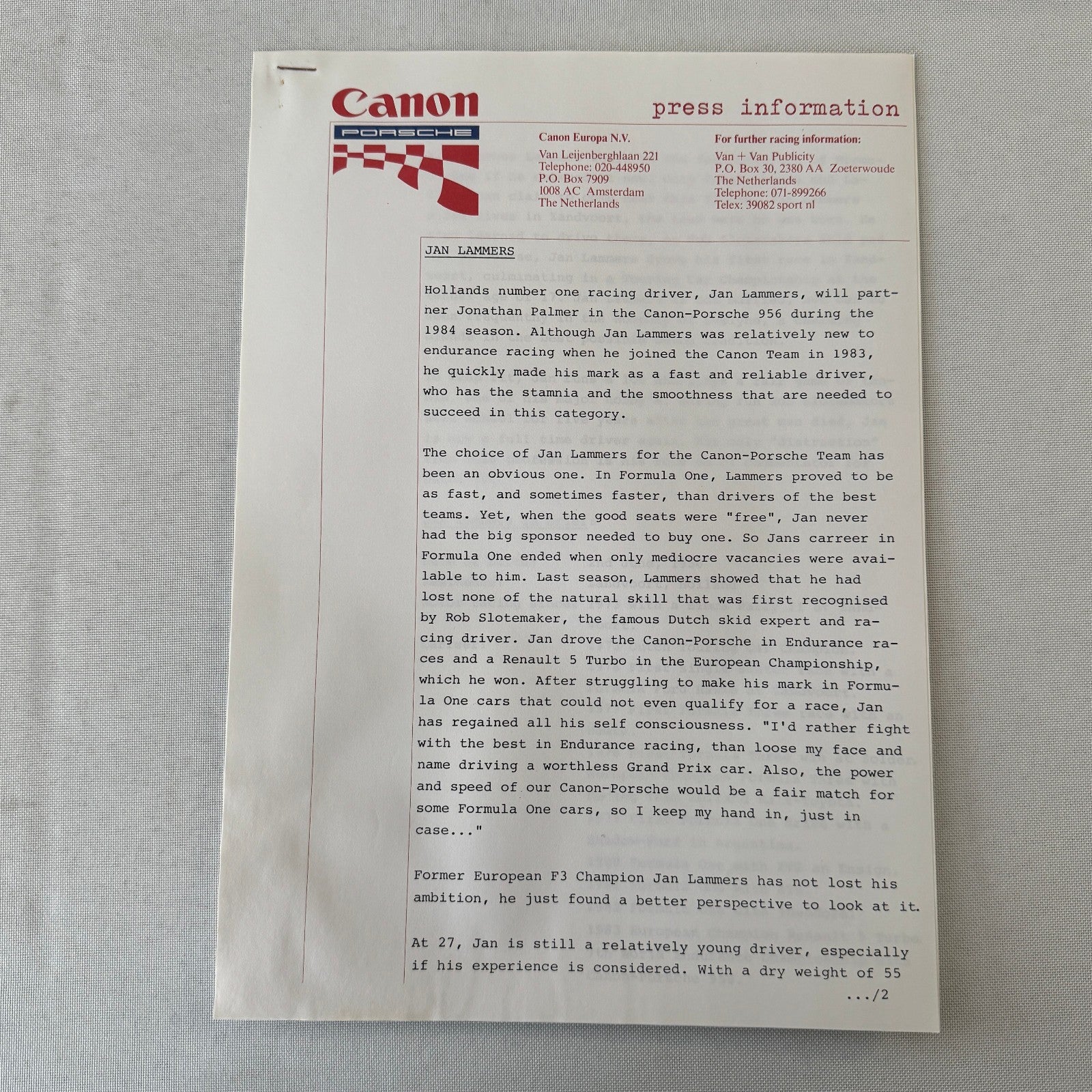 1984 Canon Porsche Racing Press Kit Photos Jan Lammers Jonathan Palmer