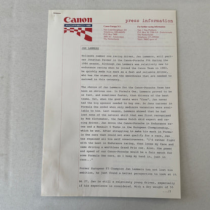1984 Canon Porsche Racing Press Kit Photos Jan Lammers Jonathan Palmer