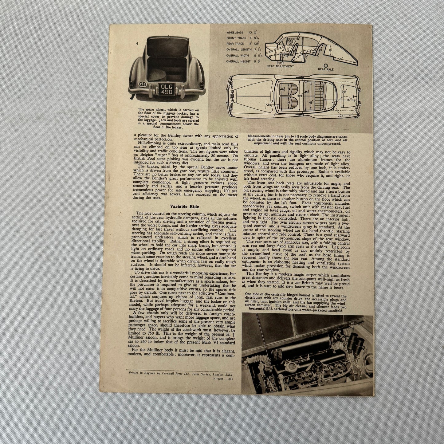 Bentley Continental Autocar Magazine Road Test Sales Brochure Catalog 1952 1953