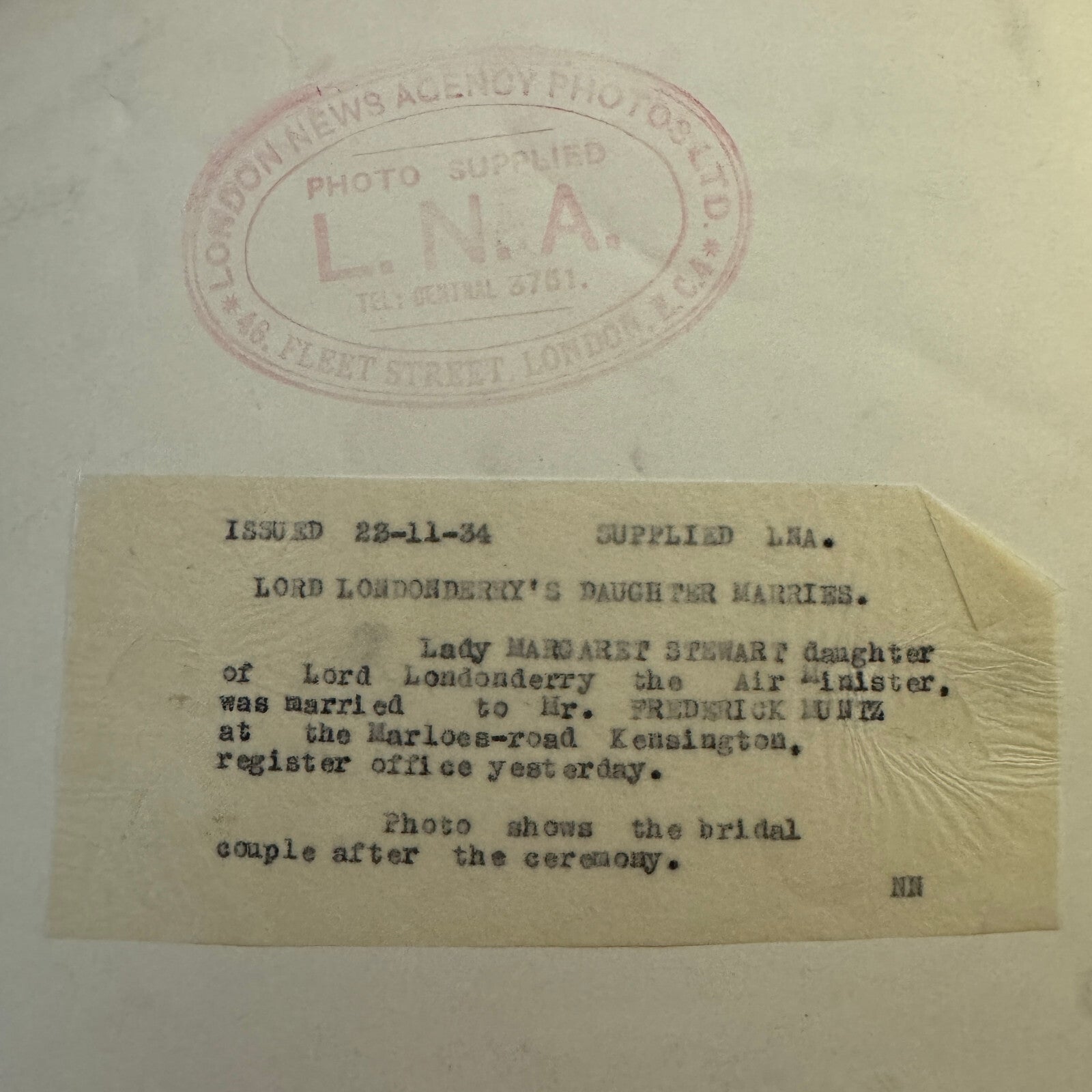 1934 Wedding Press Photo Photograph British London News LNA Lord Londonderry