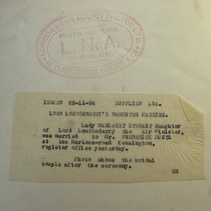 1934 Wedding Press Photo Photograph British London News LNA Lord Londonderry