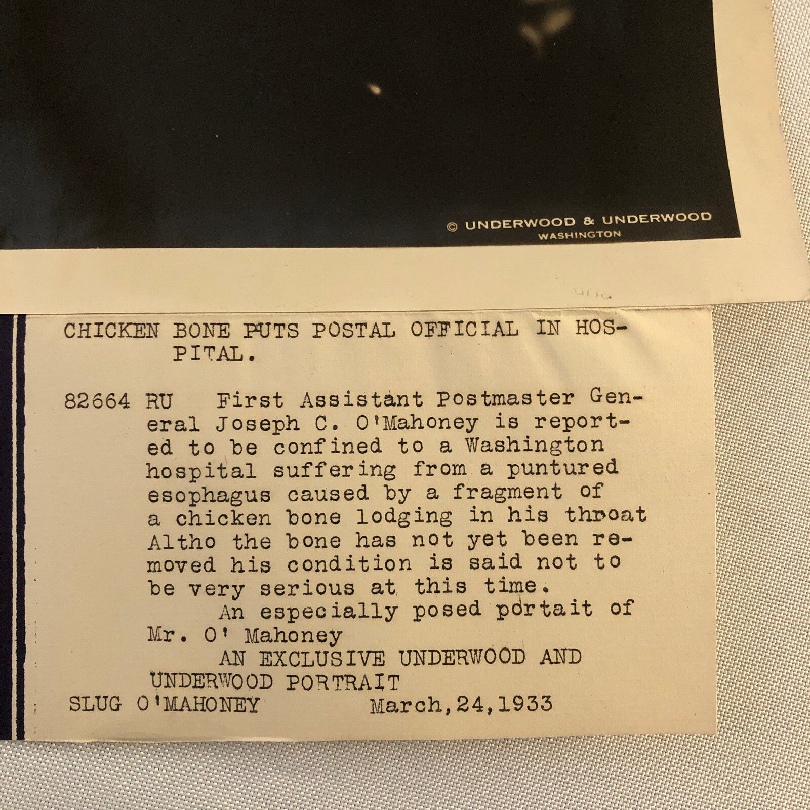 Press Photograph Photo Postmaster General In Hospital due to Chicken Bone 1933