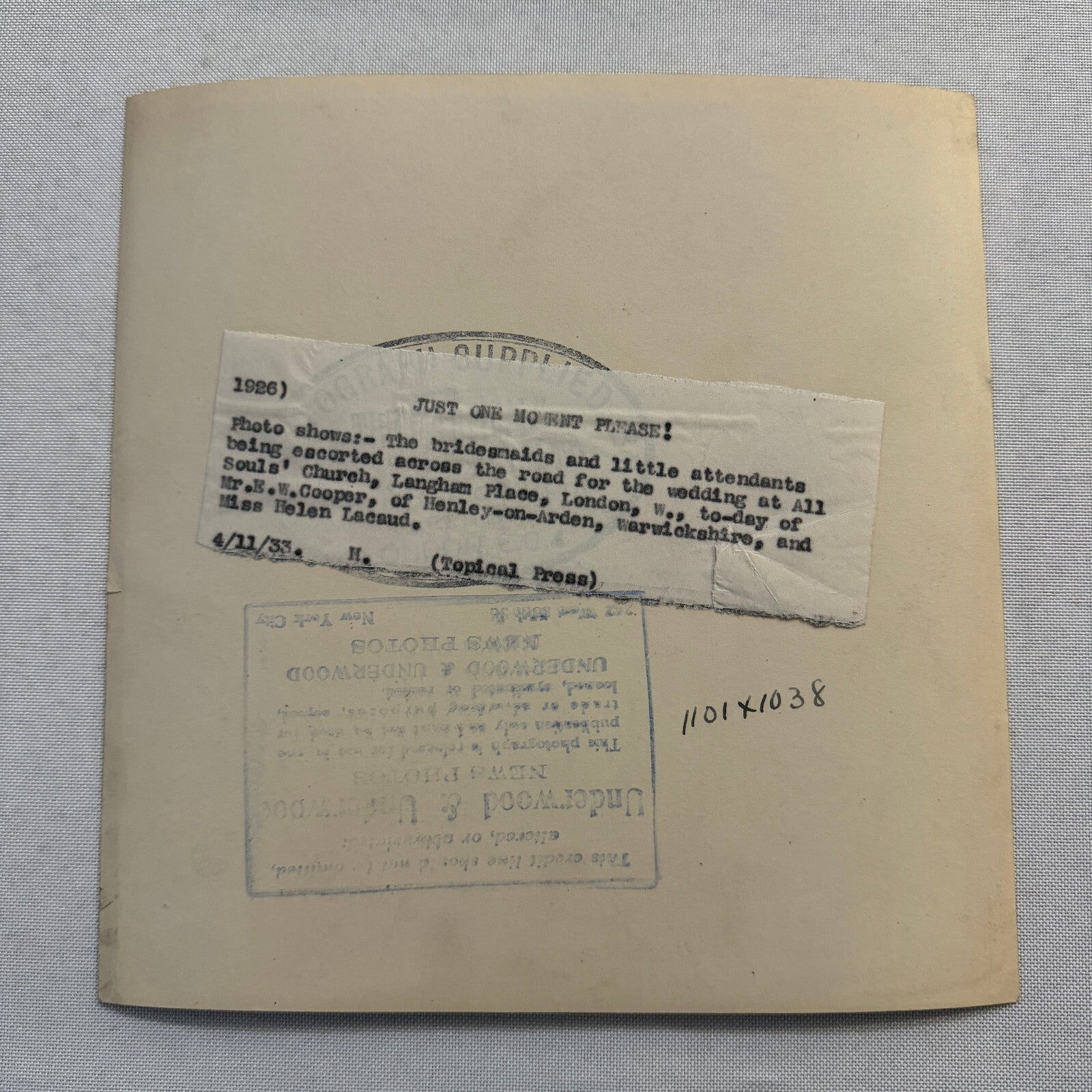 1933 Wedding Press Photo Photograph British Underwood & Underwood Topical Press