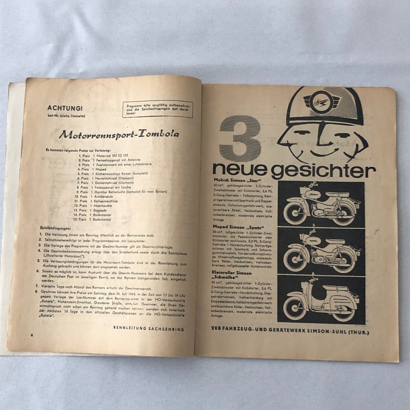 1964 Sachsenring Motorcycle Racing Grand Prix Race Program Book German