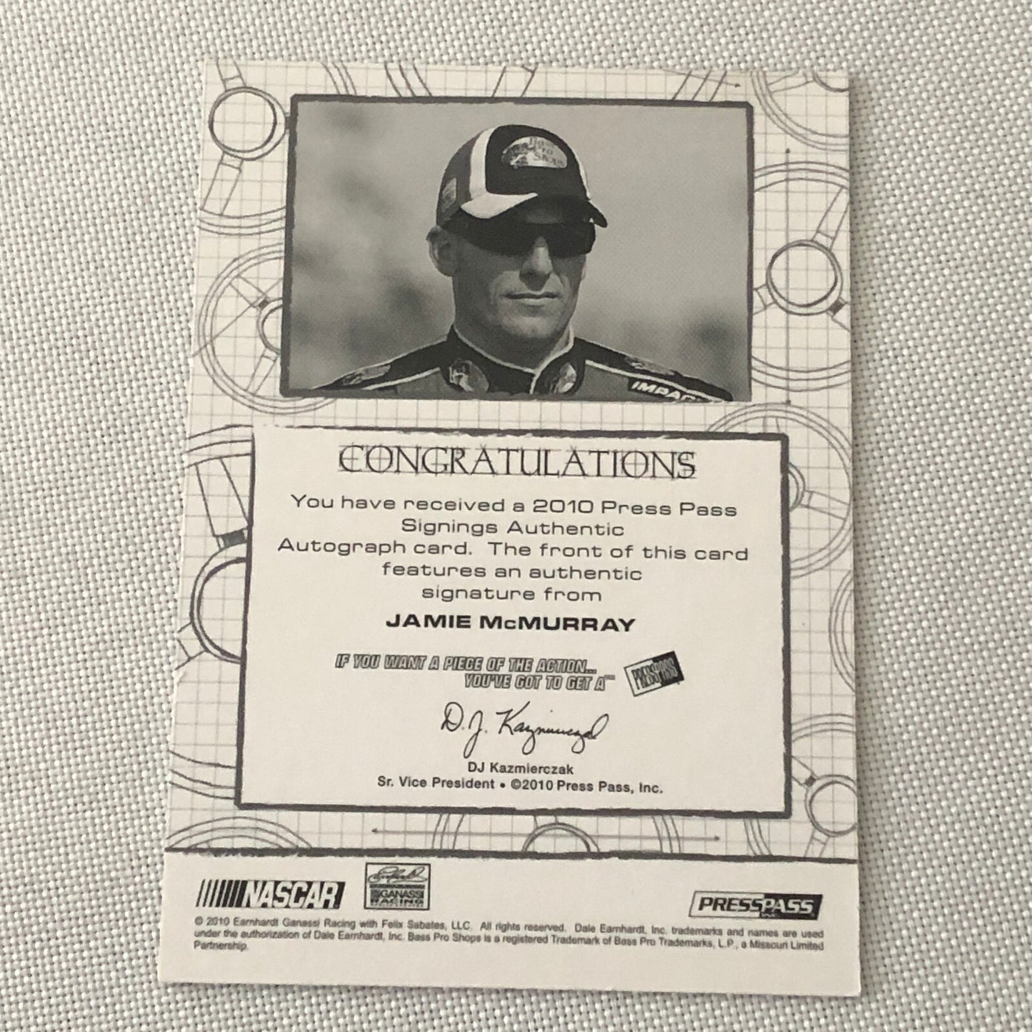 2010 Press Pass Signings Jamie McMurray Auto Autograph Signature Signed Card