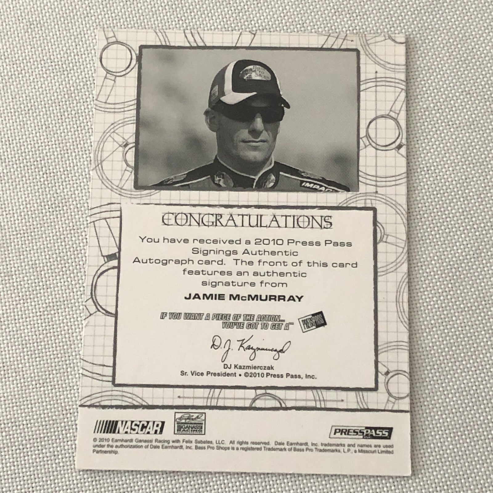 2010 Press Pass Signings Jamie McMurray Auto Autograph Signature Signed Card