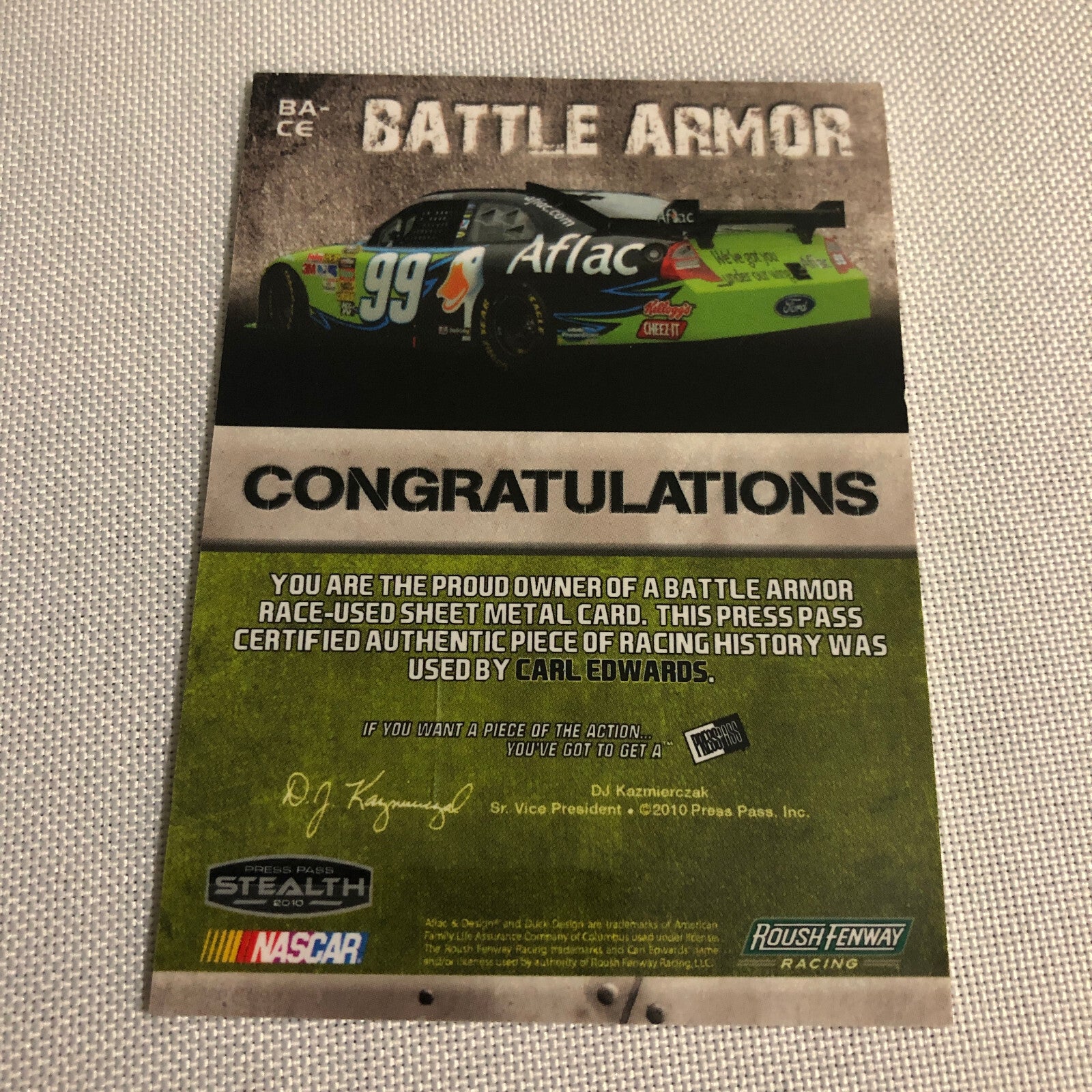 2010 Press Pass Carl Edwards Battle Armor Race Used Sheet Metal Relic Card /225