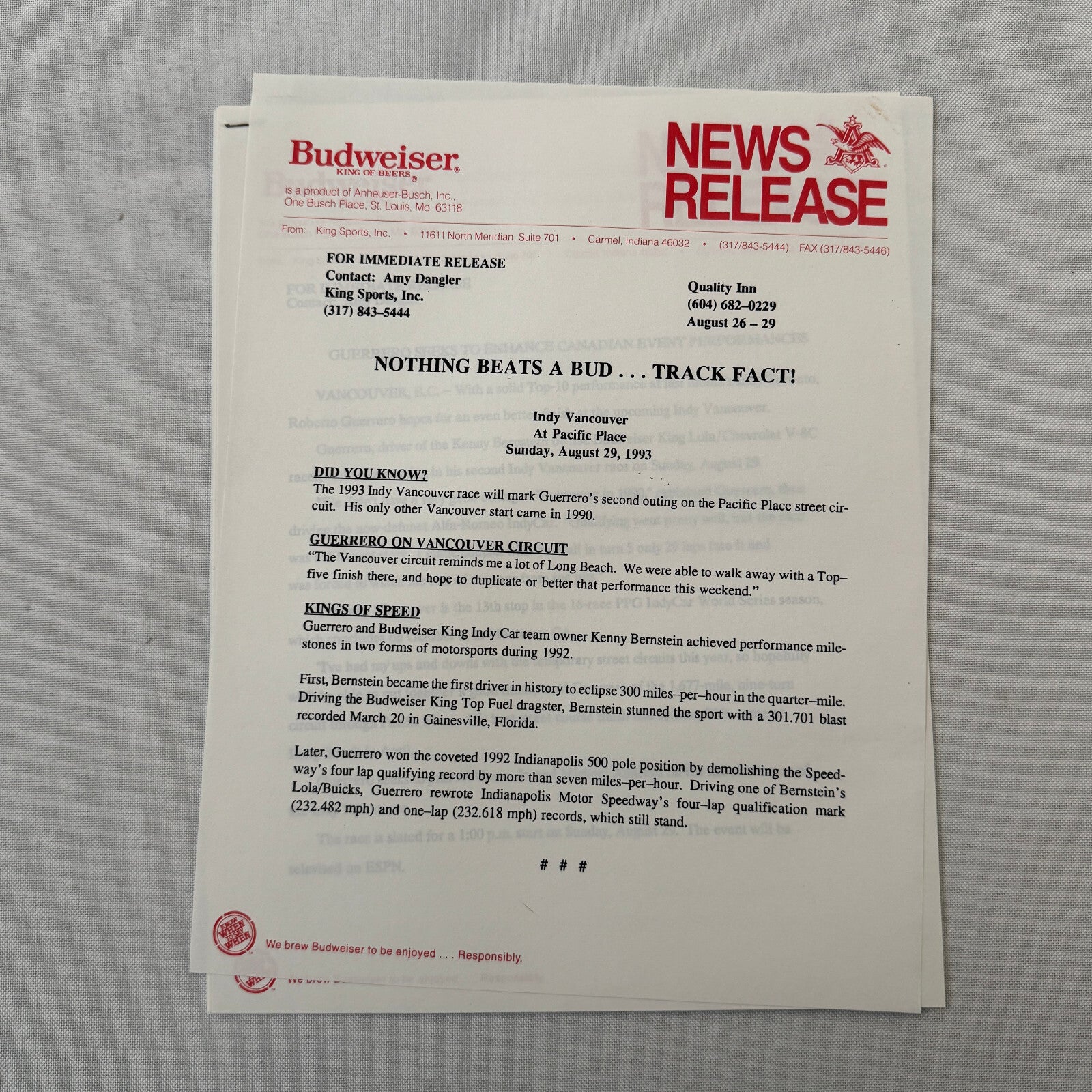 1993 Budweiser King Indy Car Racing Press Kit Roberto Guerrero