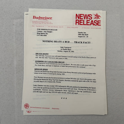 1993 Budweiser King Indy Car Racing Press Kit Roberto Guerrero