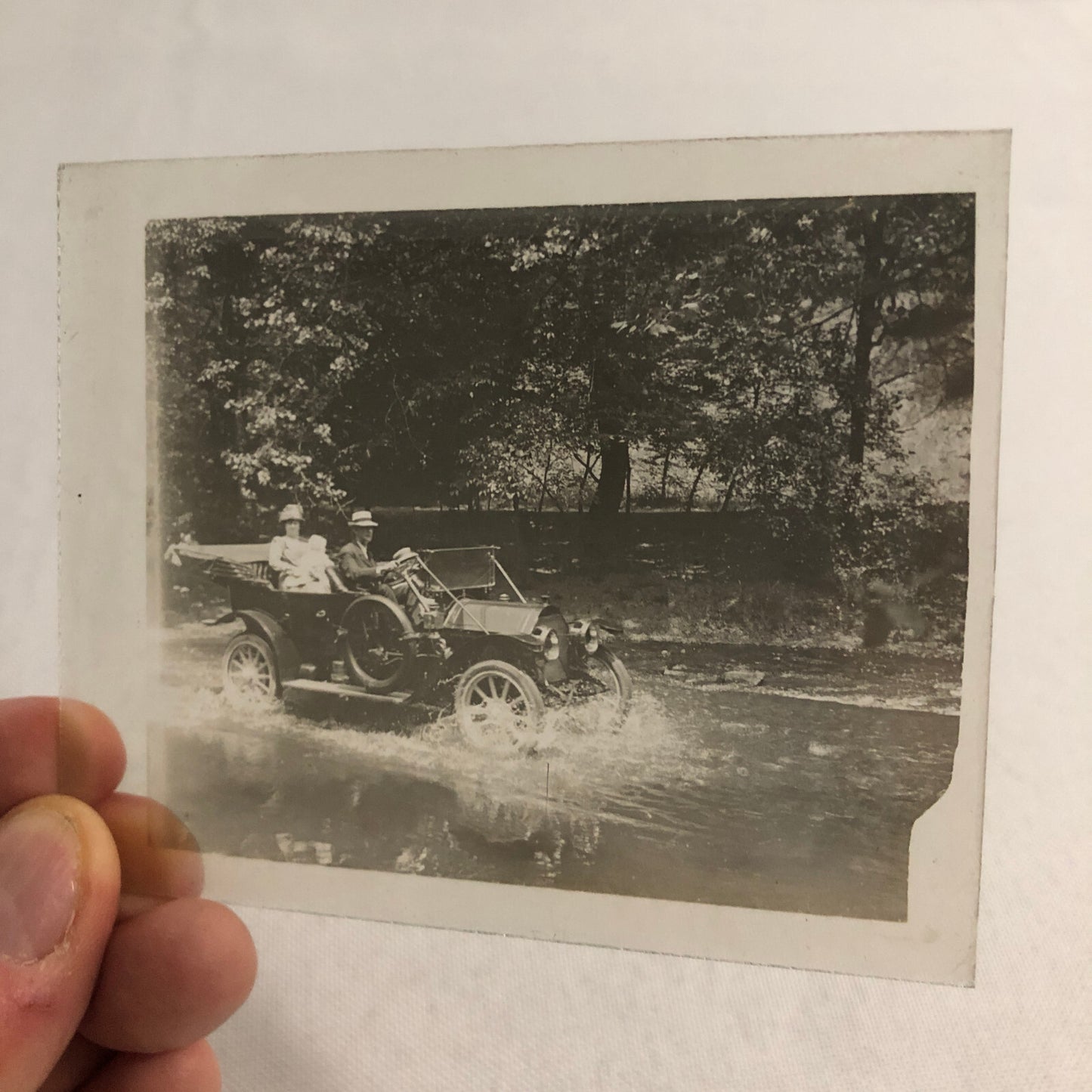 Antique Glass Plate Lantern Slide Photo Car Automobile Driving in Water