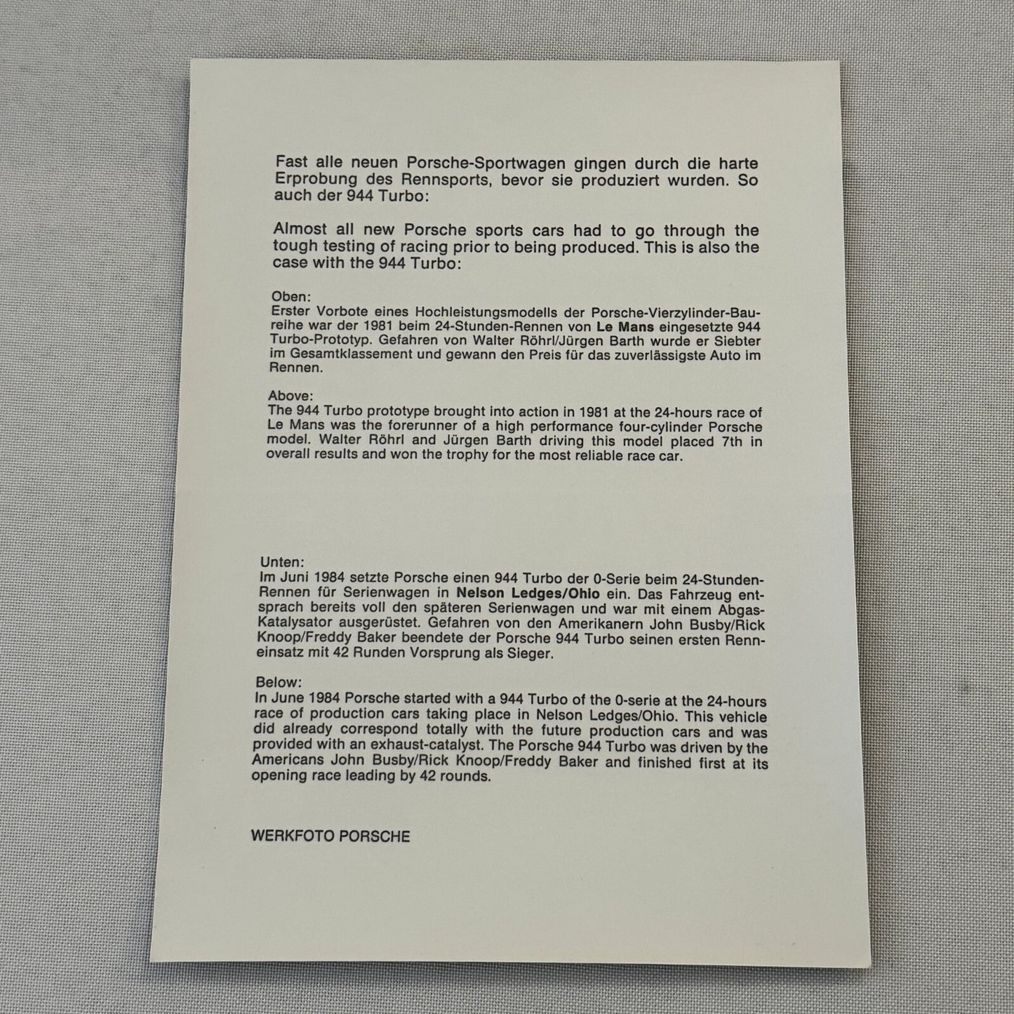 1984 Porsche 944 Turbo Racing Factory Press Photo Photograph Print