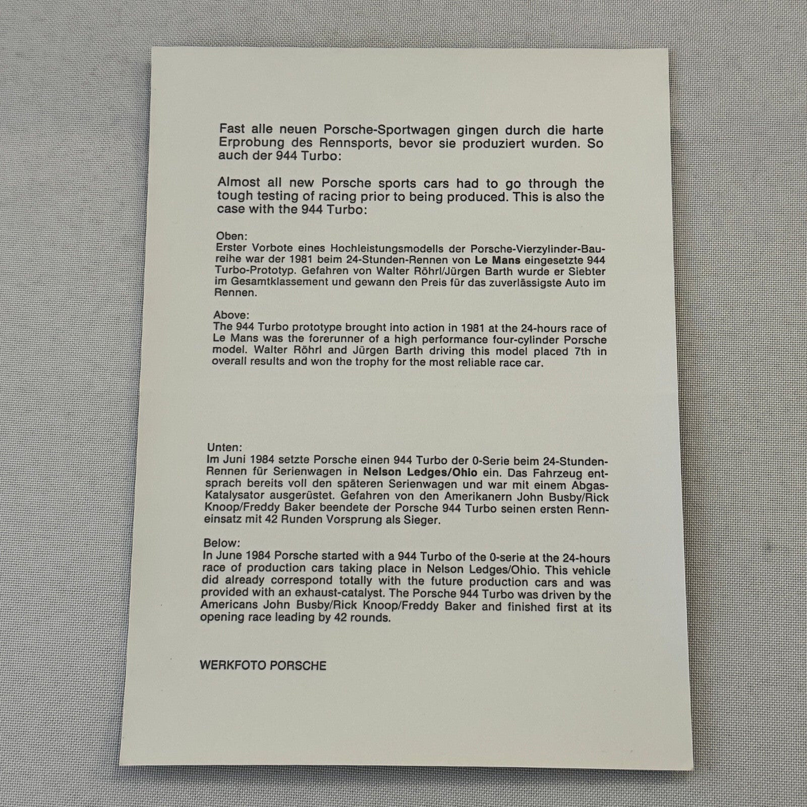 1984 Porsche 944 Turbo Racing Factory Press Photo Photograph Print