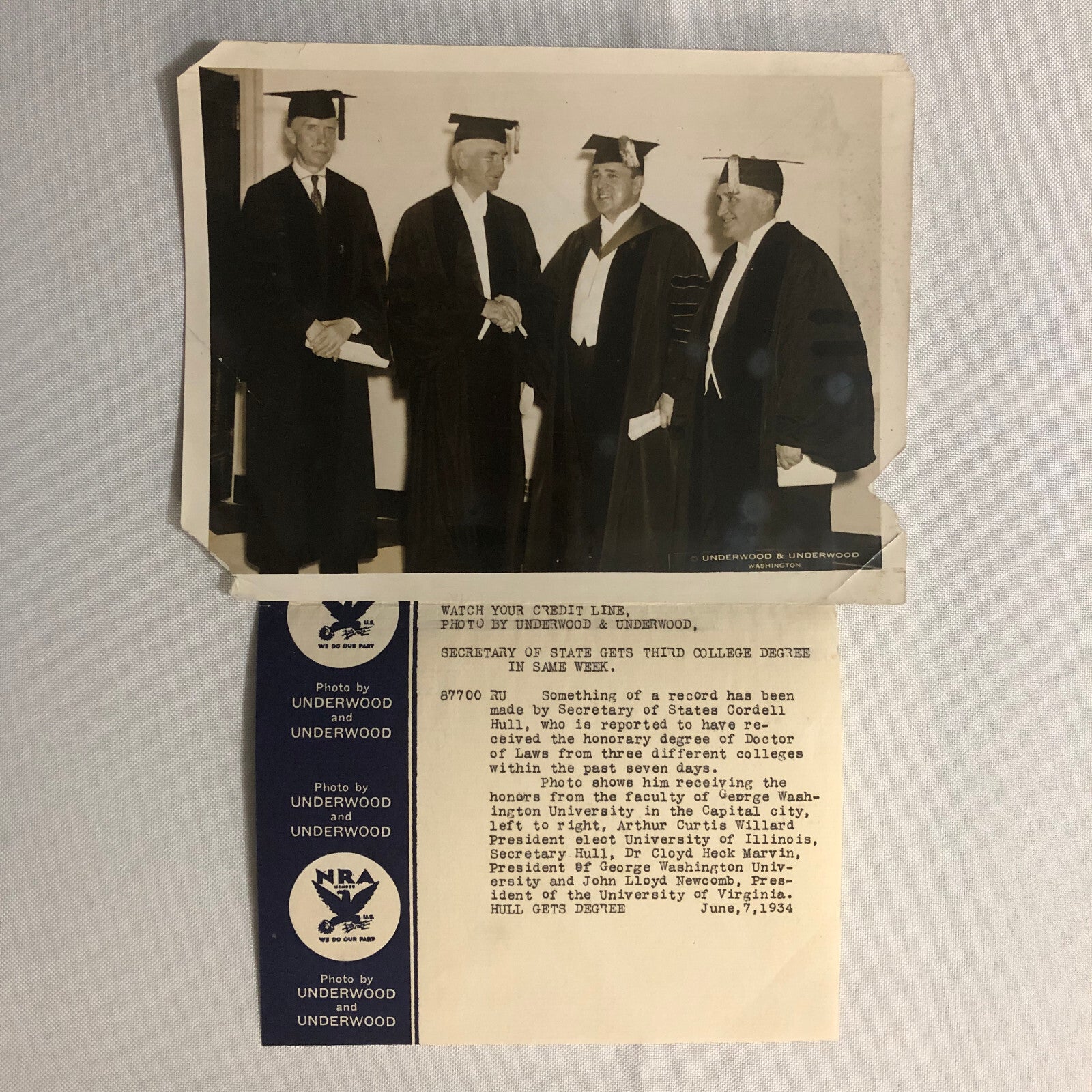 Press Photo Photograph Secretary of State Cordell Hull Honorary Degree Law 1934