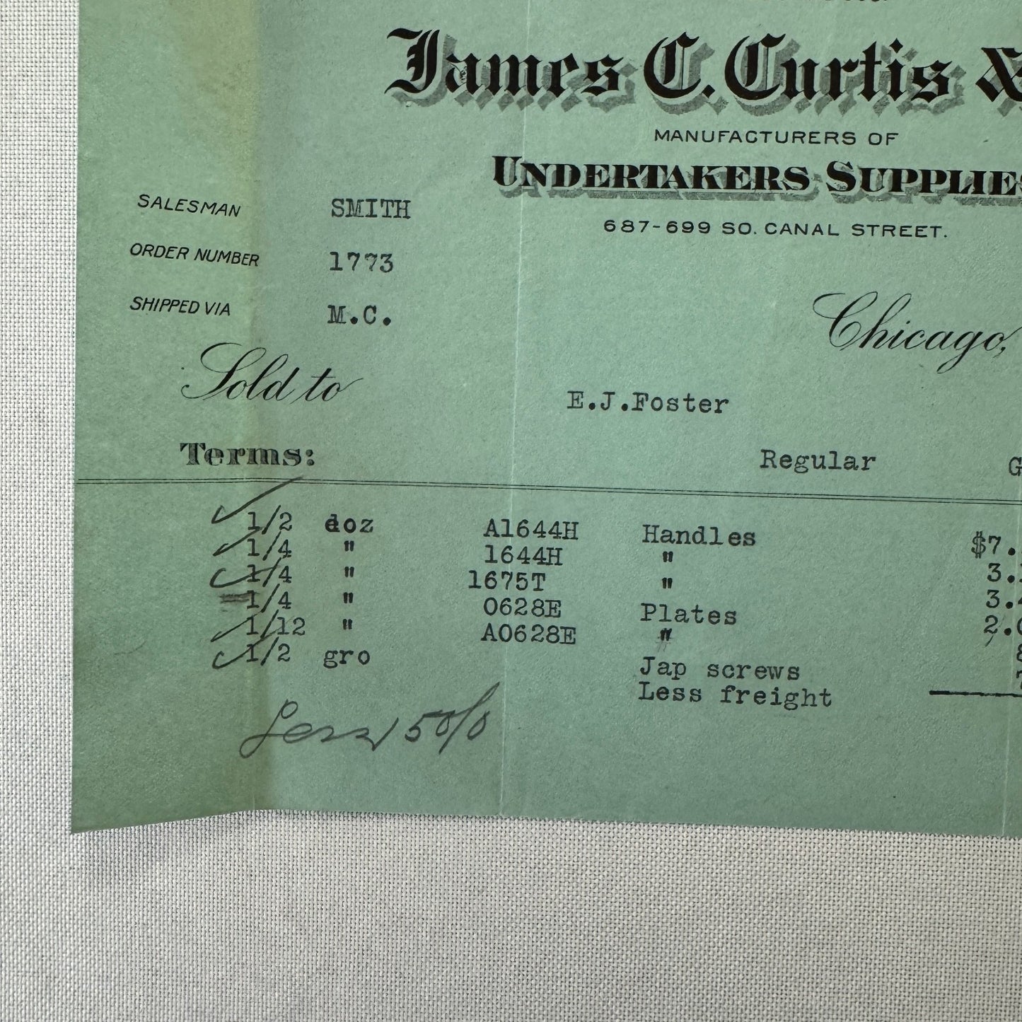 James C Curtis Company Undertakers Supplies Invoice Document 1908 Chicago