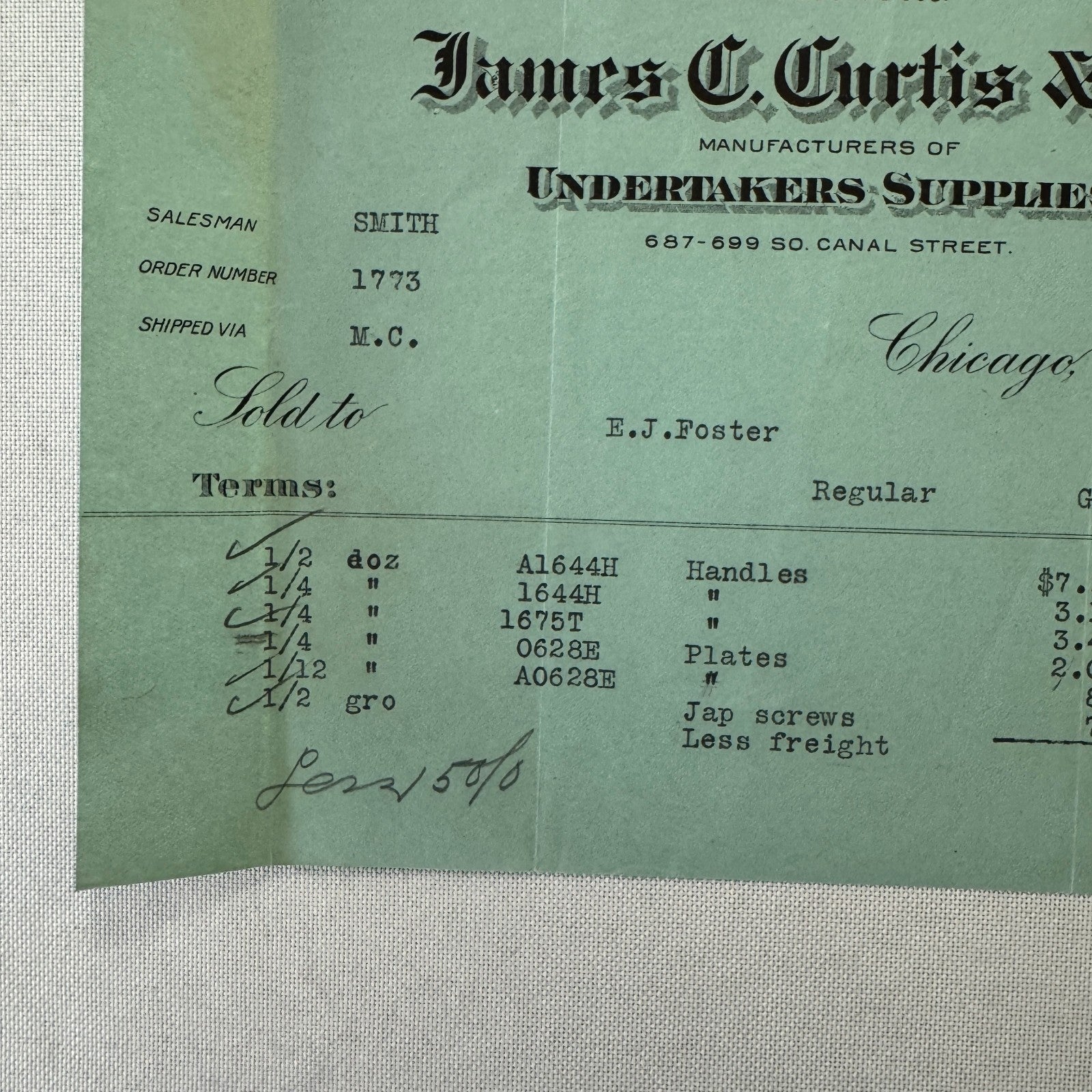 James C Curtis Company Undertakers Supplies Invoice Document 1908 Chicago