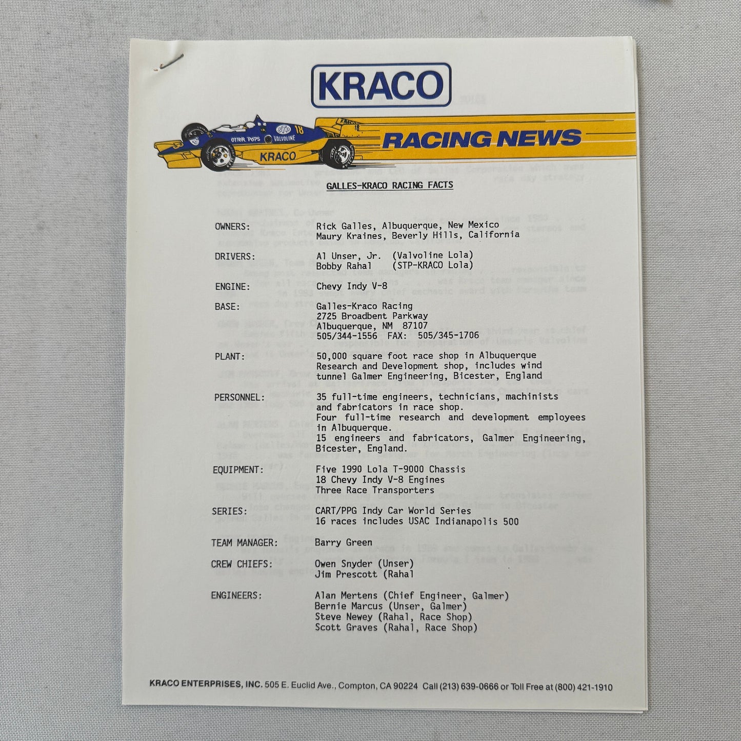 1990 Bobby Rahal Kraco Racing Press Kit Brochure Photos Lola Chevrolet Indy Car