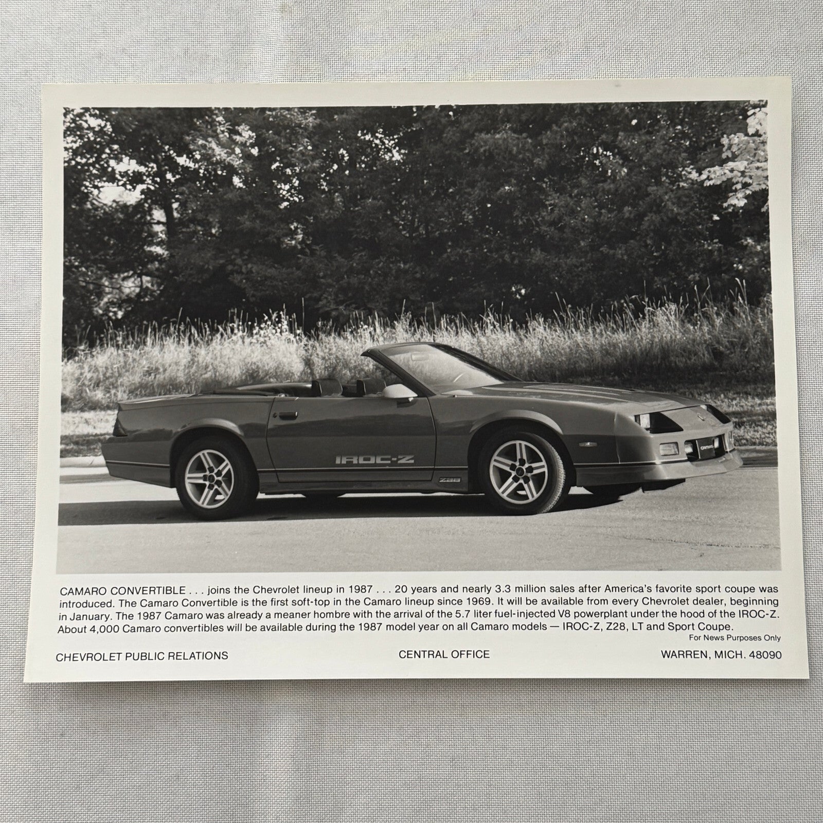 1987 Chevrolet Camaro IROC-Z Convertible Factory Press Photo Photograph Print