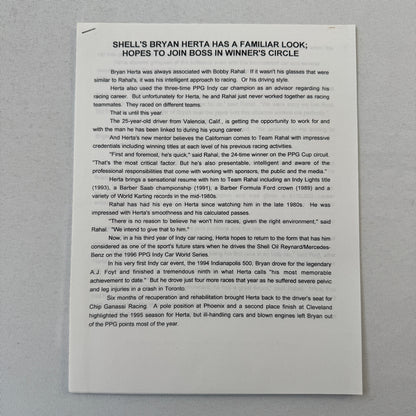 1996 PPG Indy Car Racing Shell Team Bobby Rahal Bryan Herta Press Kit Brochure