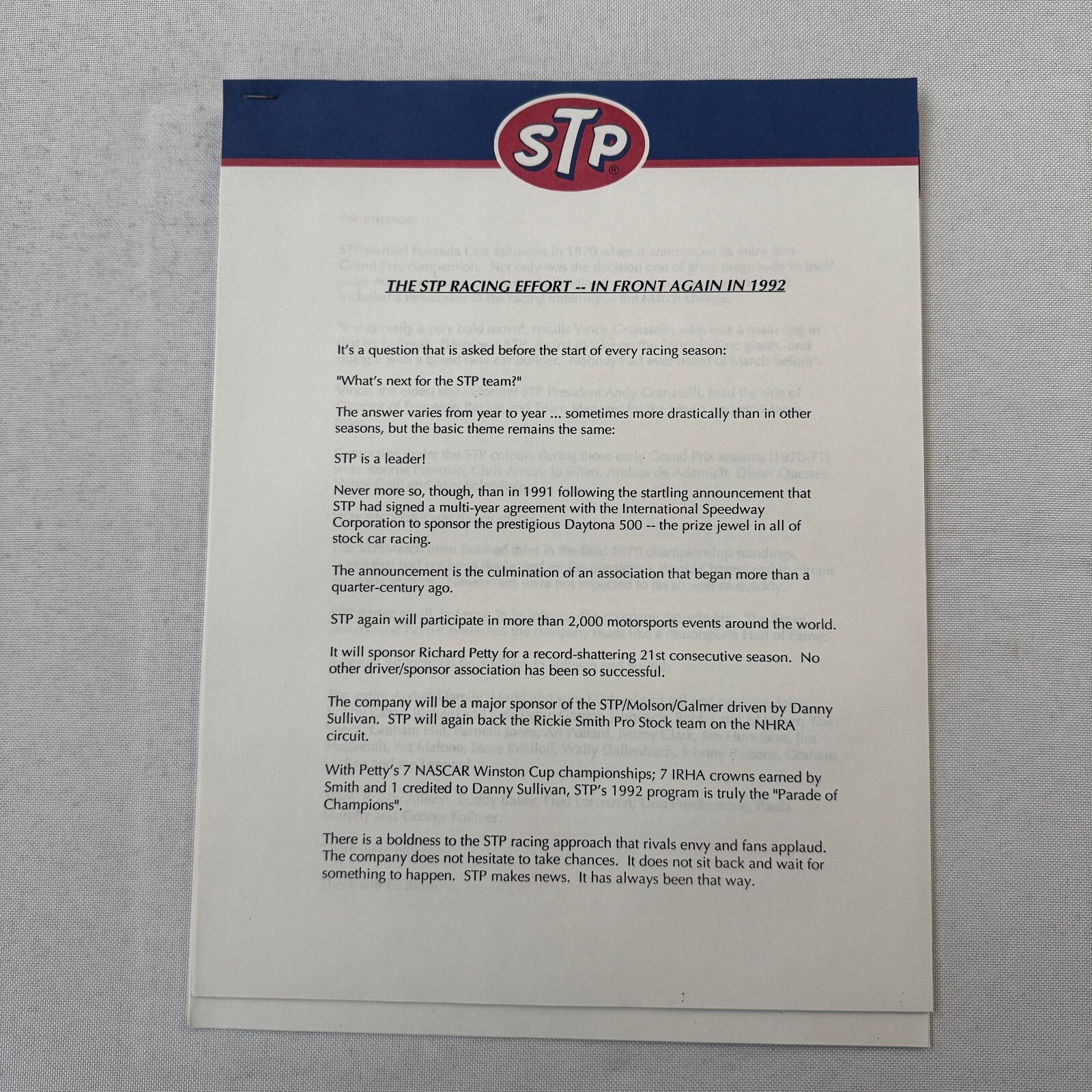 1992 STP Racing Press Kit Brochure Photos Bryan Herta Richard Petty Vintage