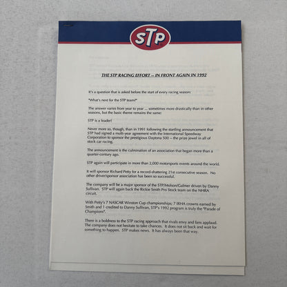 1992 STP Racing Press Kit Brochure Photos Bryan Herta Richard Petty Vintage