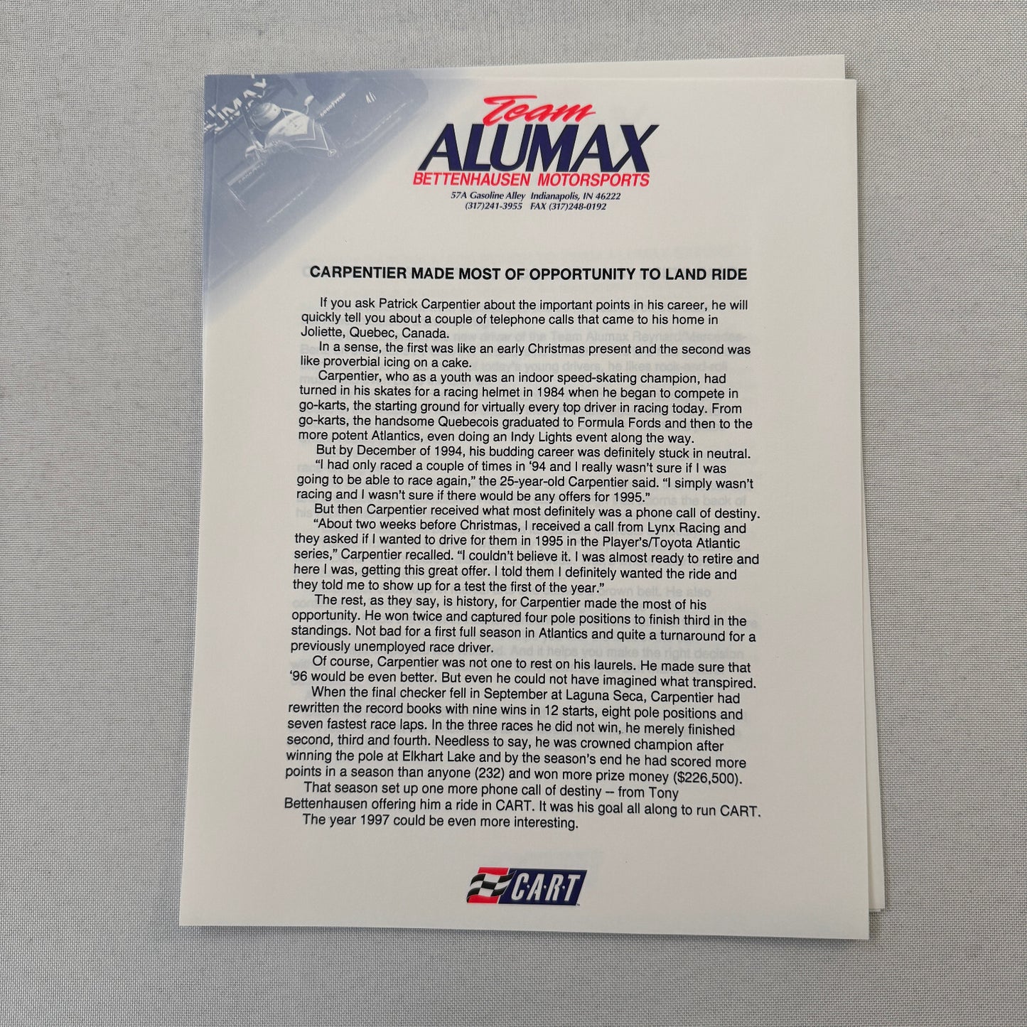 Bettenhausen Alumax Racing Press Kit Brochure 1997 CART Patrick Carpentier