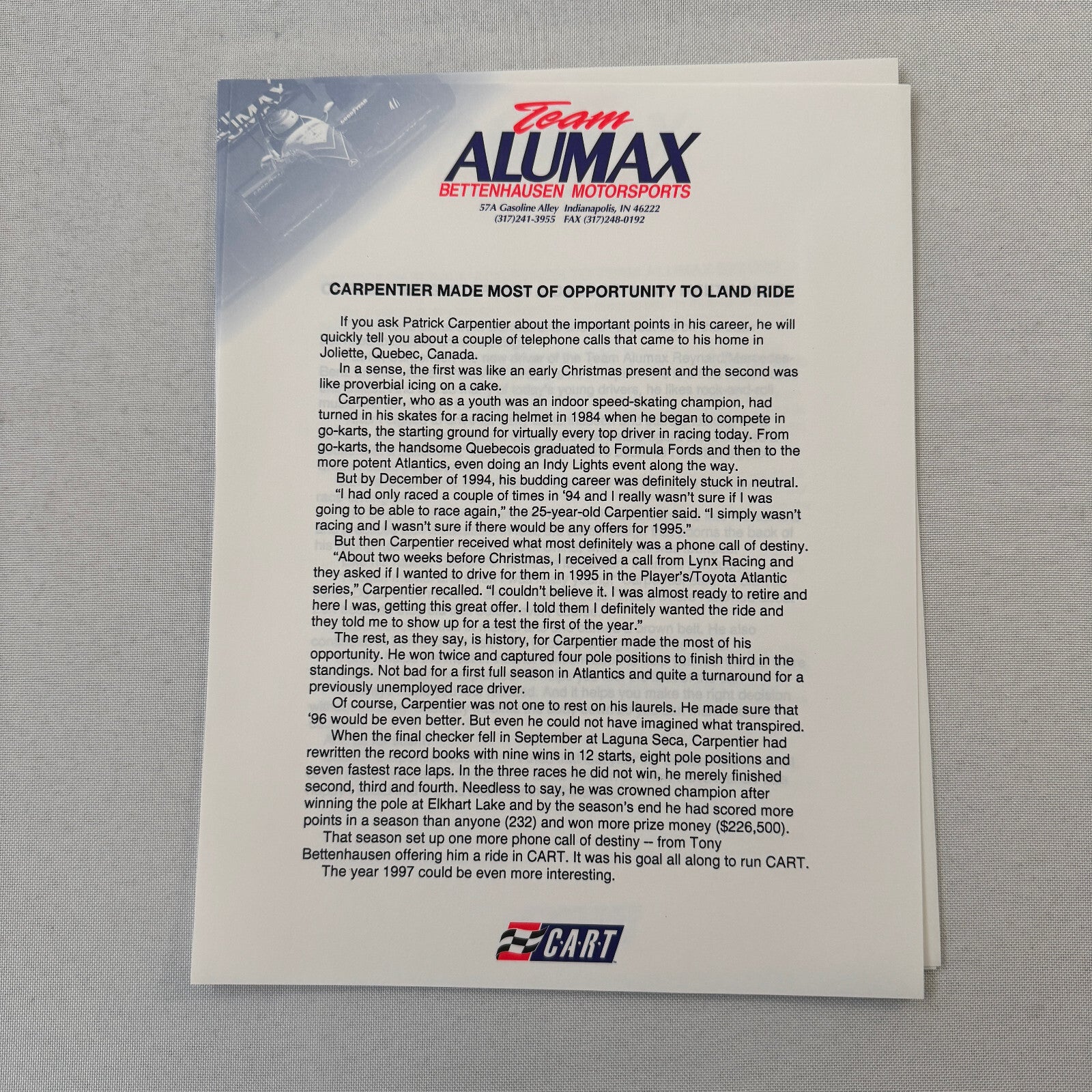 Bettenhausen Alumax Racing Press Kit Brochure 1997 CART Patrick Carpentier